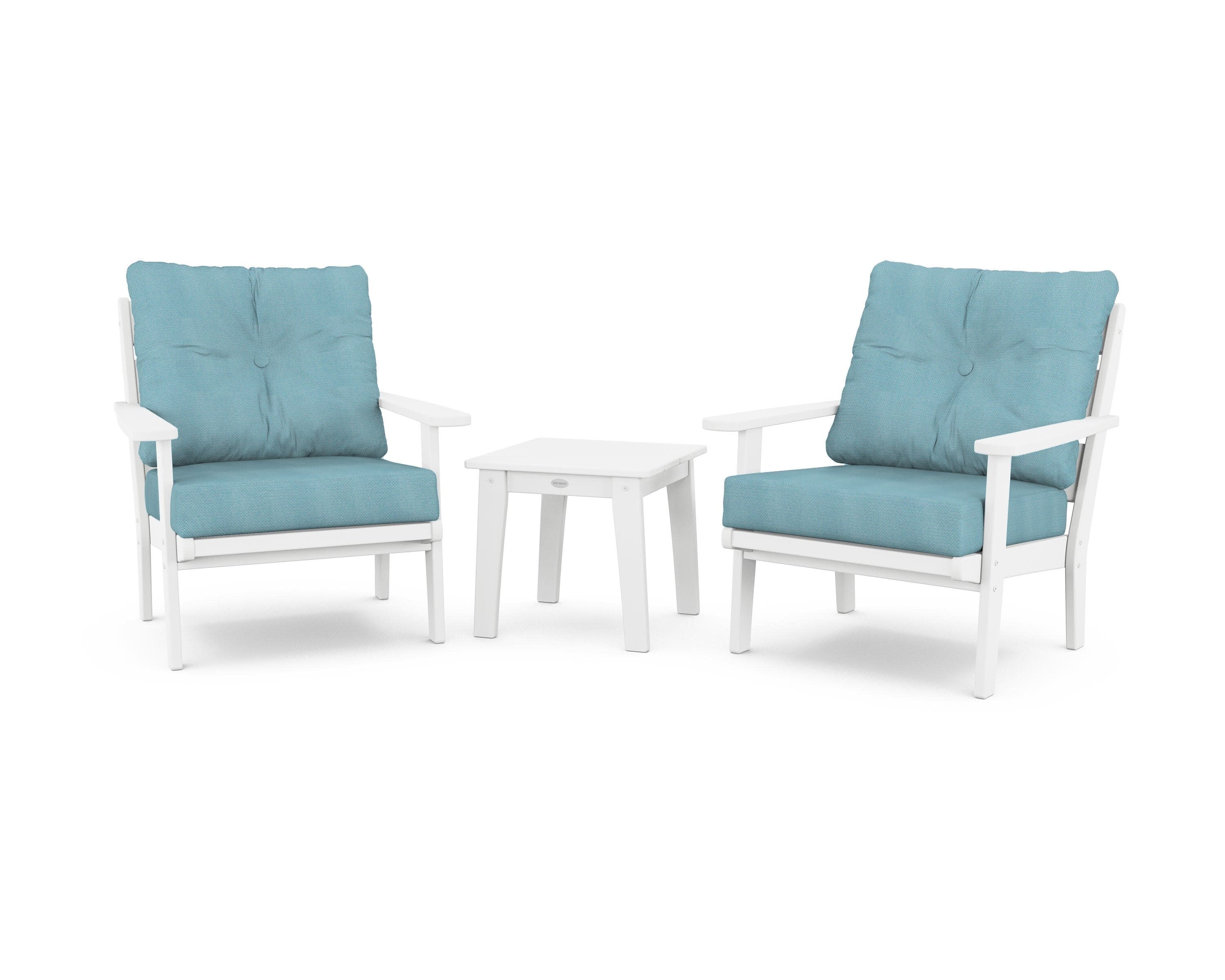Lakeside 3-Piece Deep Seating Chair Set in White / Lattice Sky Blue
