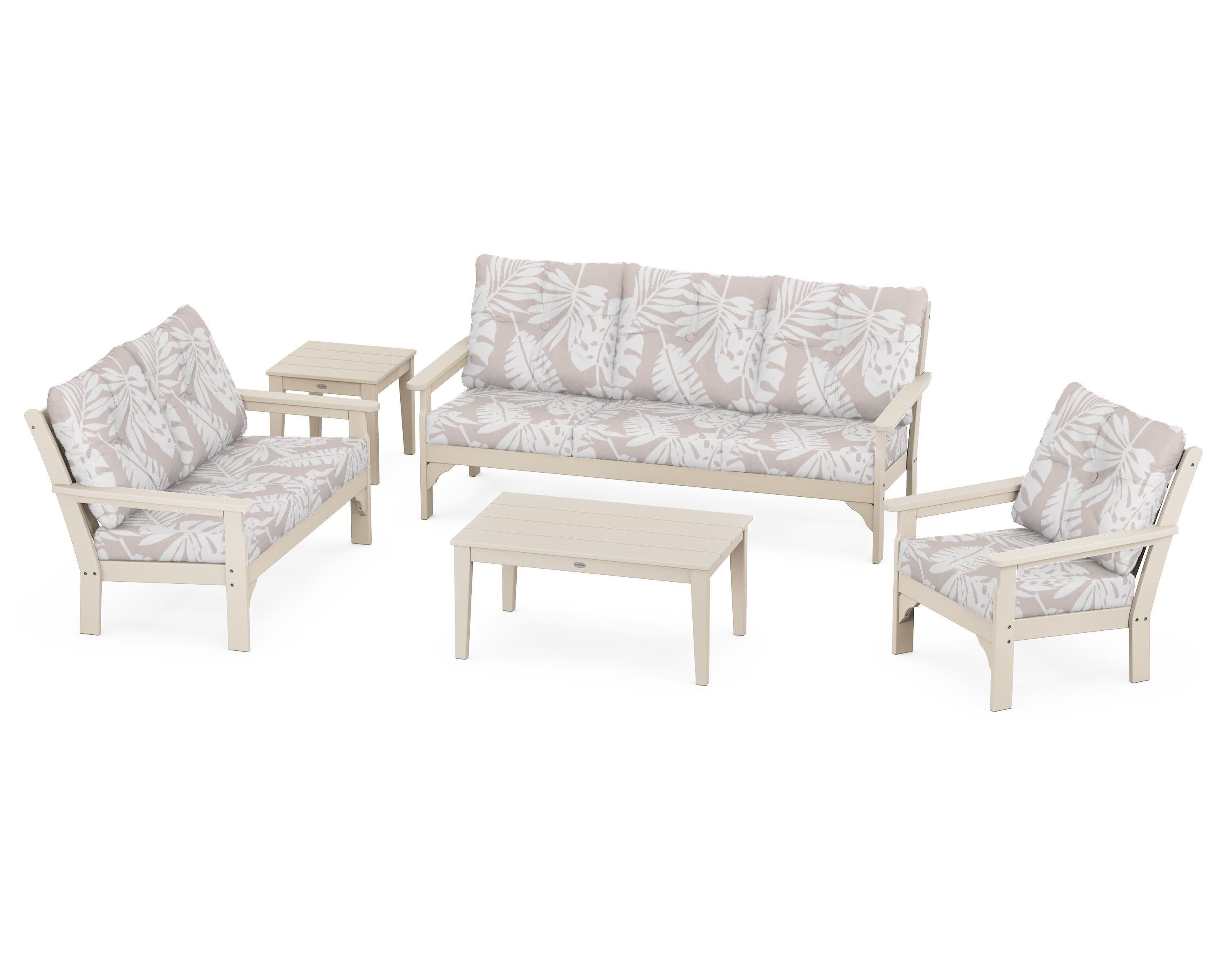 Vineyard 5 Piece Deep Seating Set in Sand / Leaf Dune Burlap