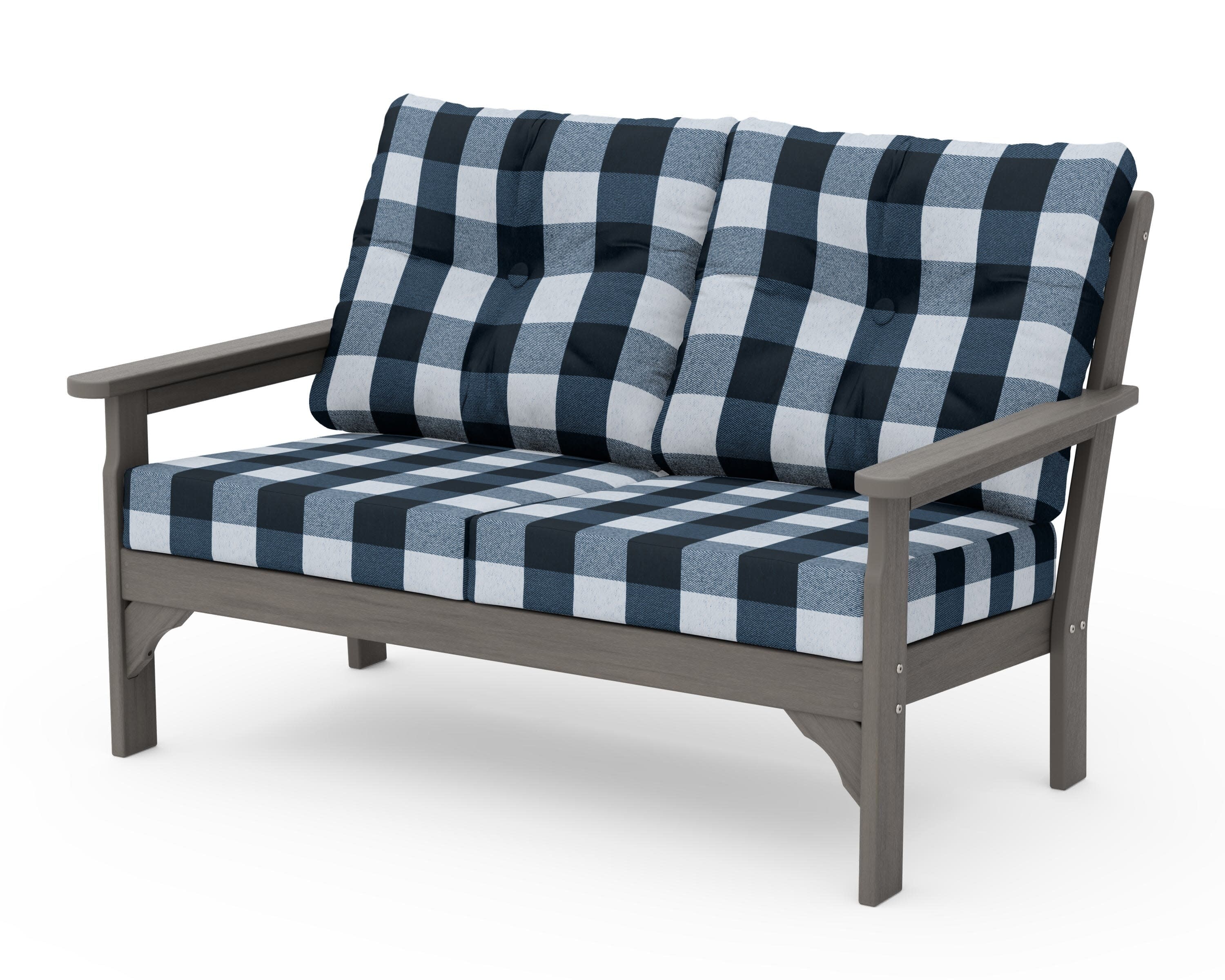 Vineyard Deep Seating Loveseat in Driftwood / Buffalo Plaid Marine Indigo