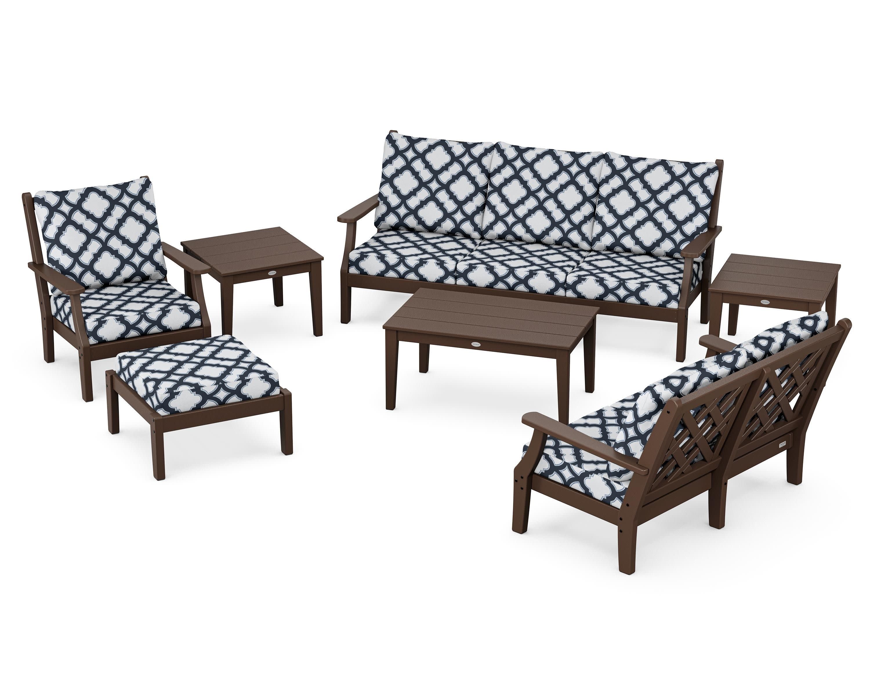 Wovendale 7-Piece Deep Seating Set in Mahogany / Trellis Marine Indigo