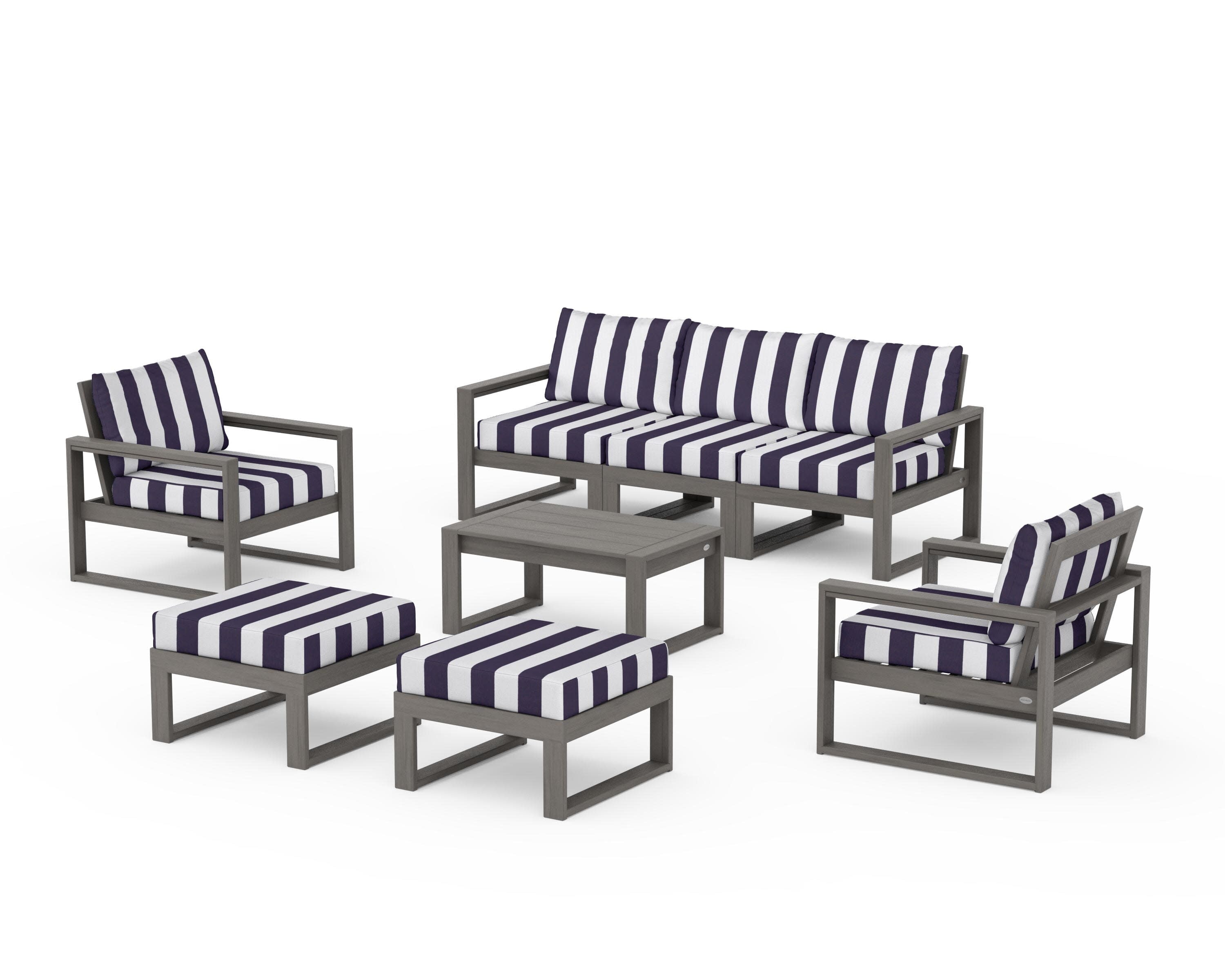 EDGE Sectional 8-Piece Lounge Sofa Set in Driftwood / Cabana Stripe Navy
