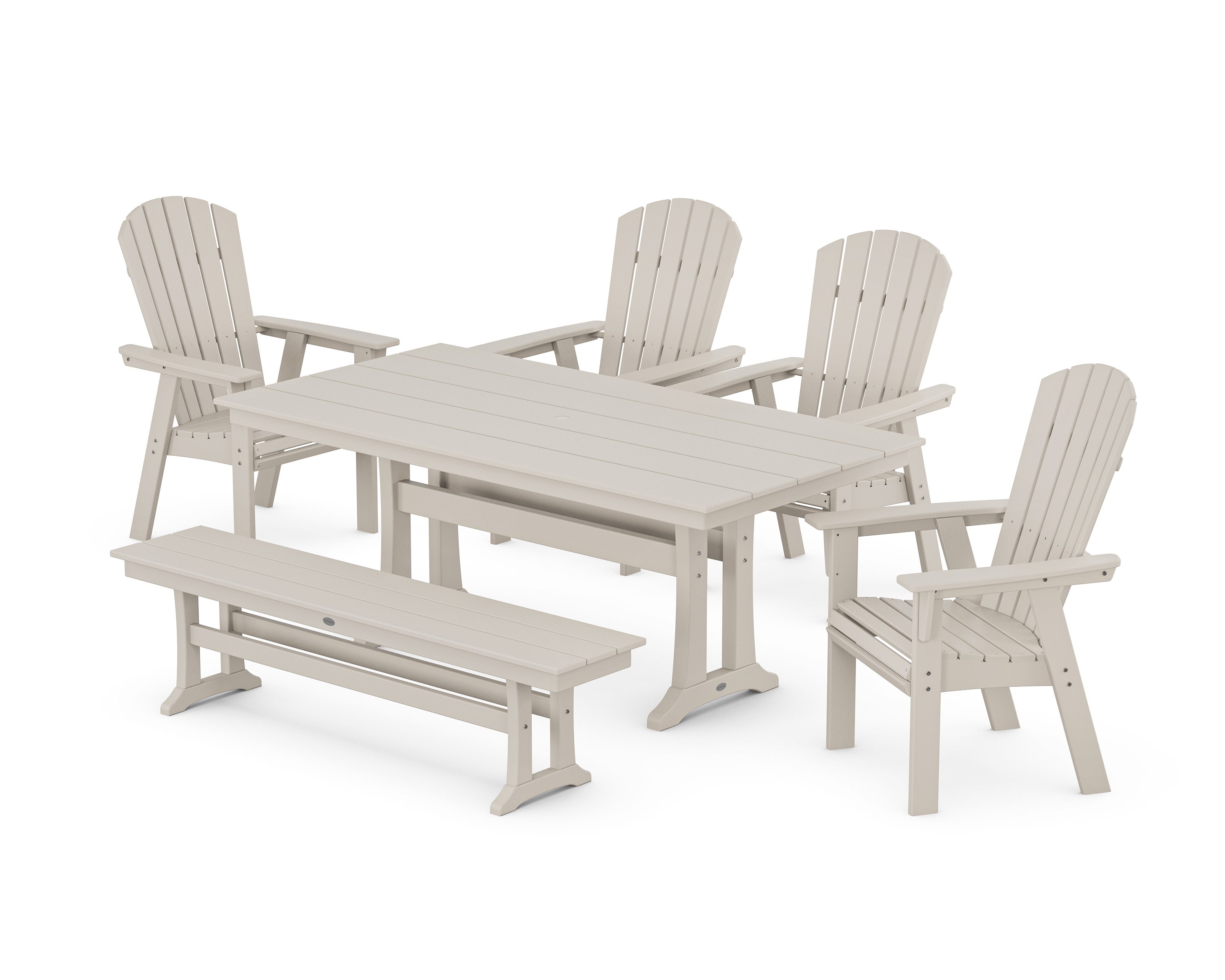 Nautical Curveback Adirondack 6-Piece Farmhouse Dining Set with Trestle Legs and Bench in Sand