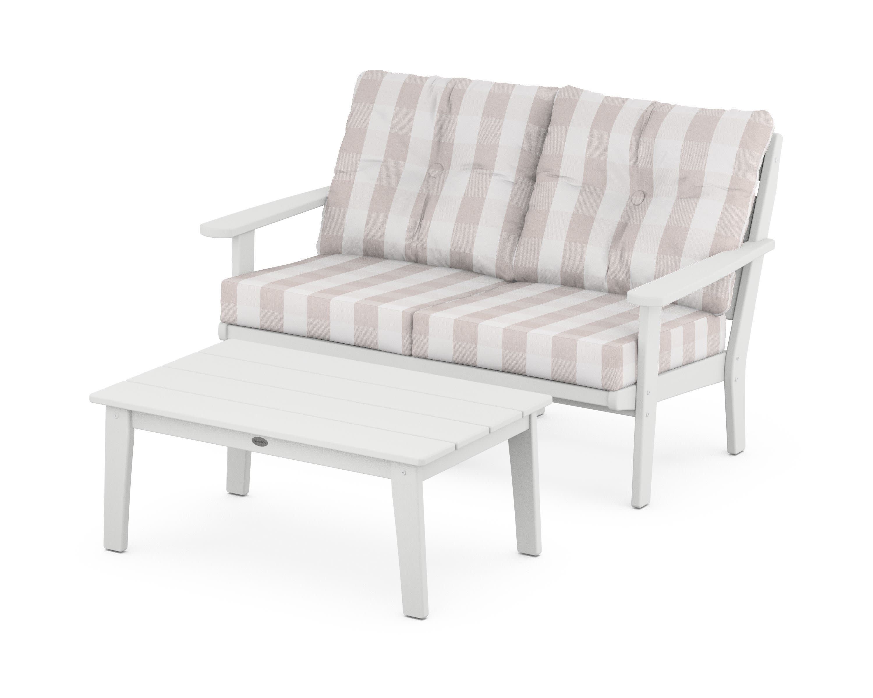 Lakeside 2-Piece Lounge Loveseat Set in White / Buffalo Plaid Dune Burlap