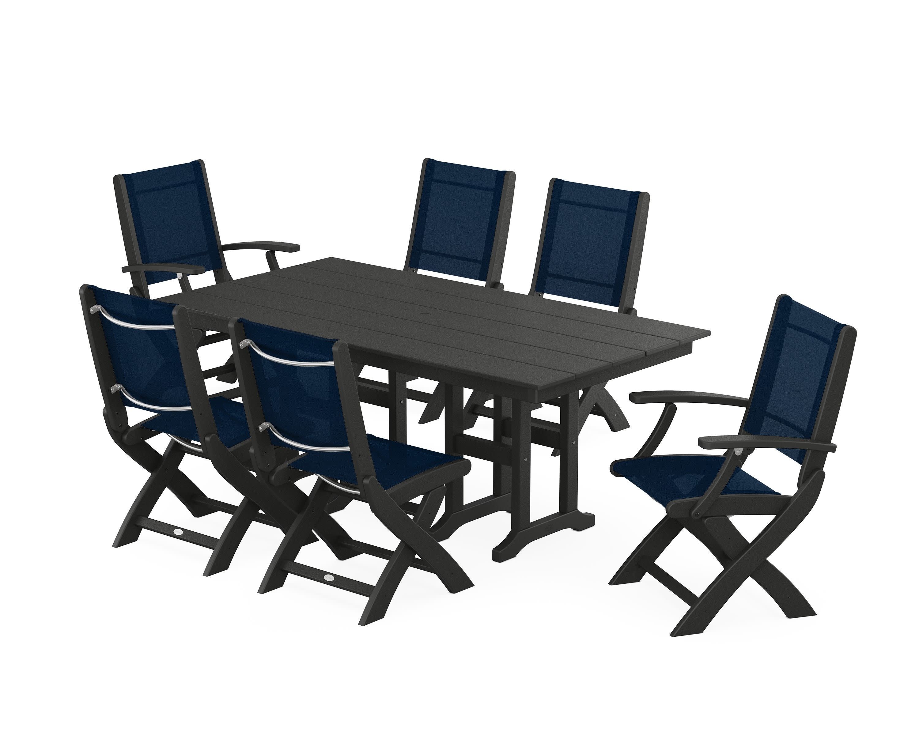 Coastal Folding Chair 7-Piece Farmhouse Dining Set in Black / Navy Blue Sling