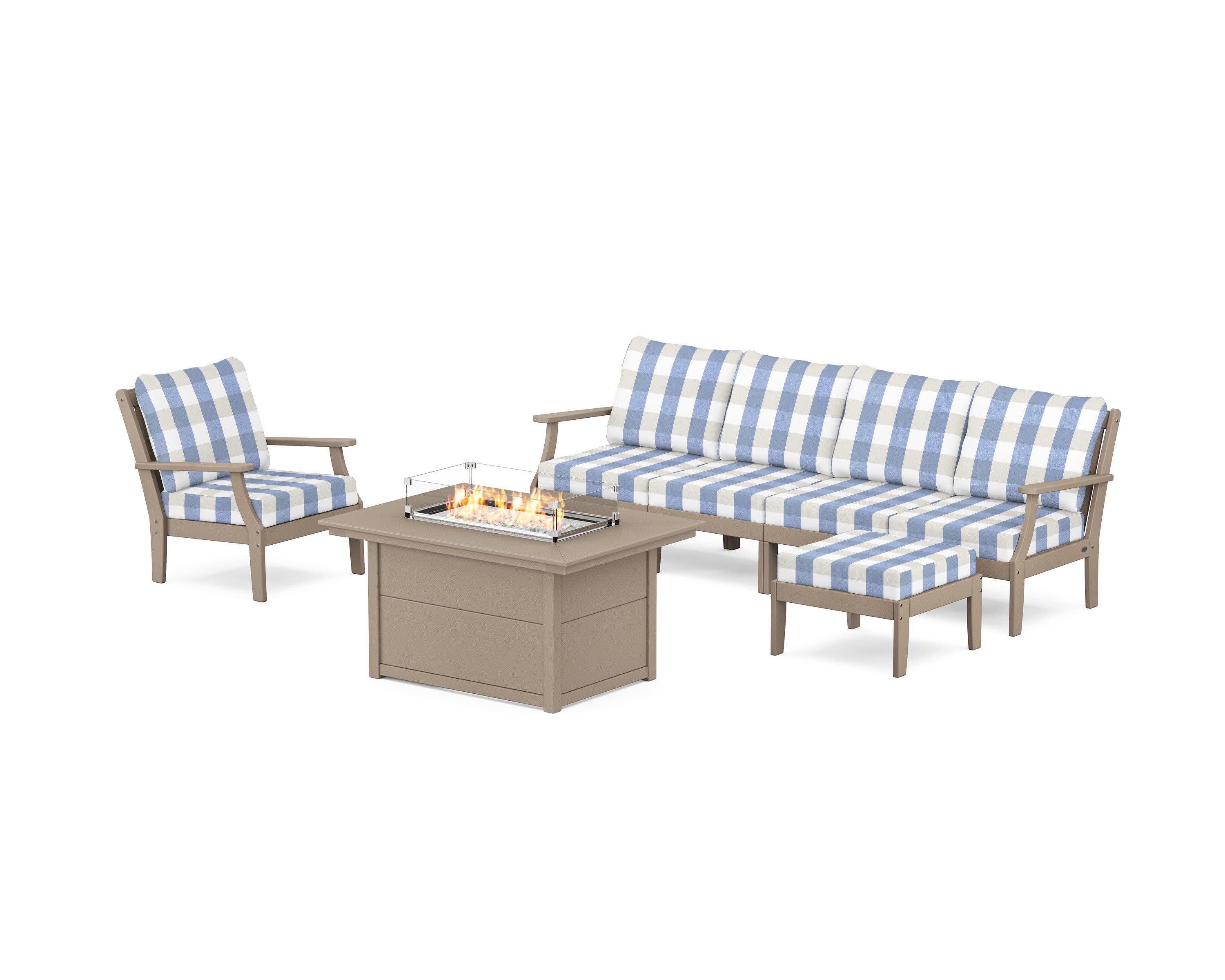 Braxton Sectional Lounge and Fire Pit Set in Vintage Sahara / Buffalo Plaid Sky Blue