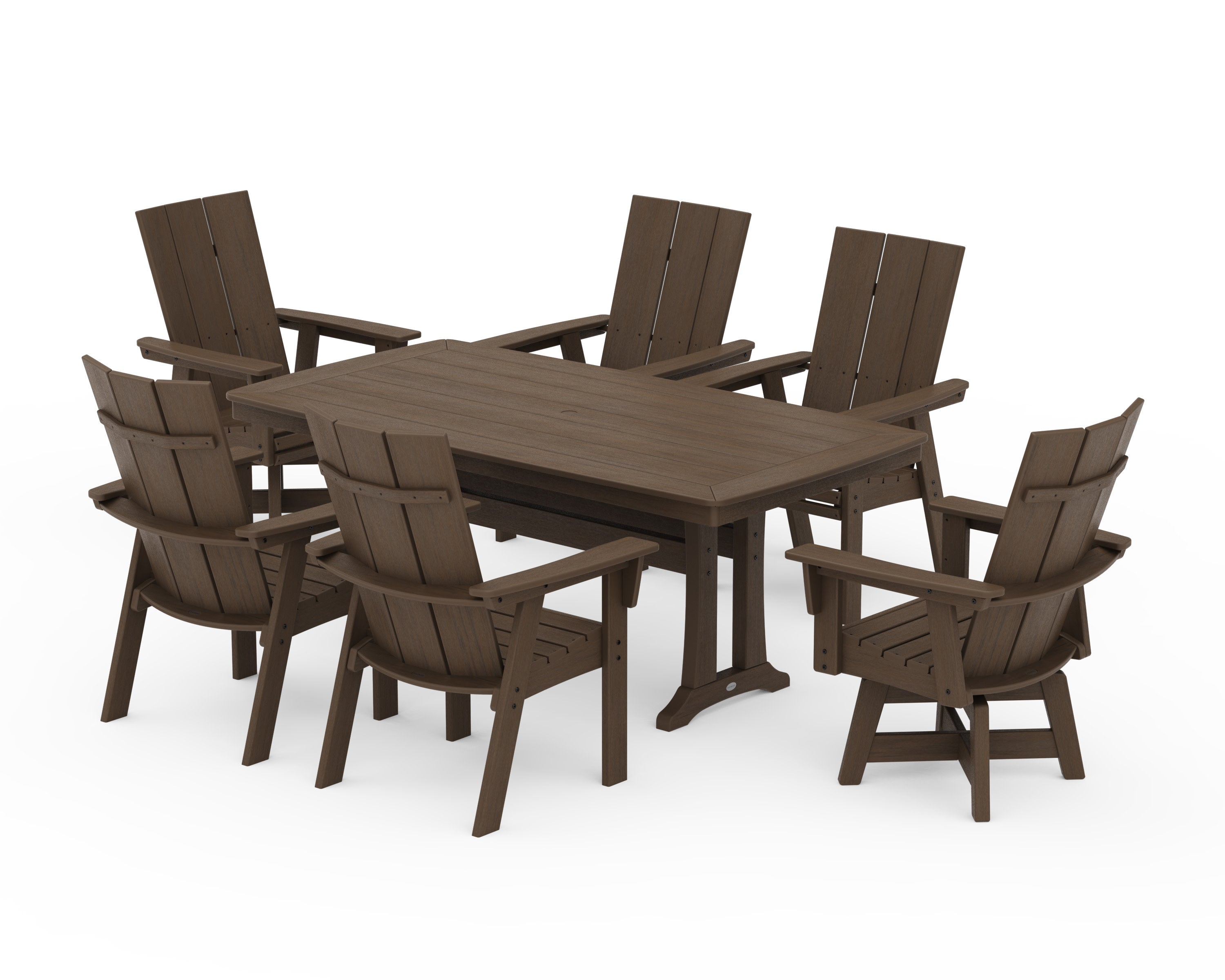 Modern Adirondack Swivel Chair 7-Piece Dining Set with Trestle Legs in Kona