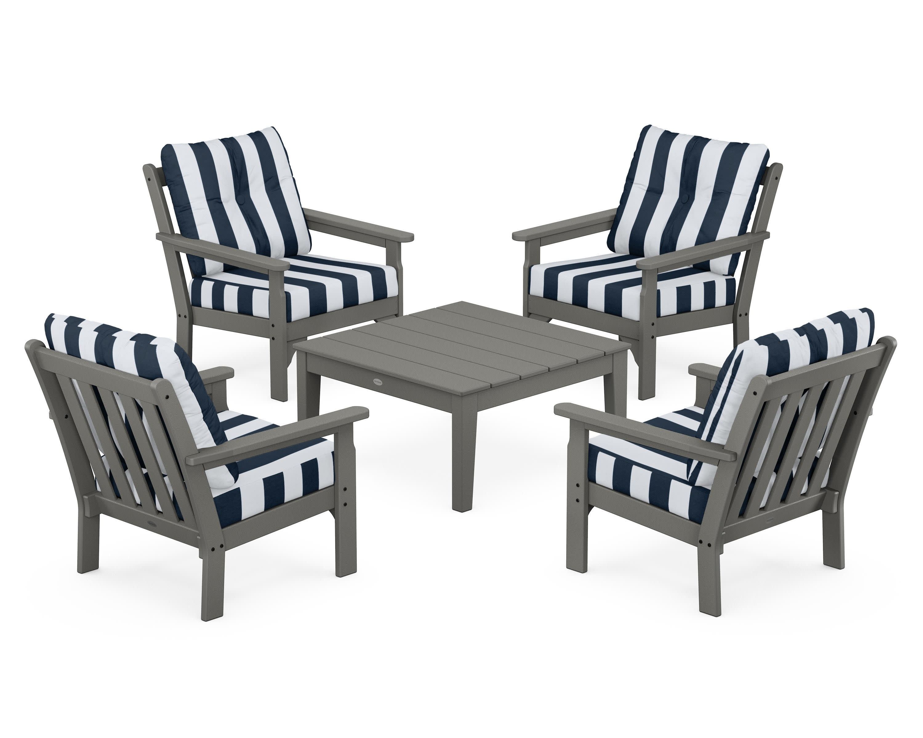 Vineyard 5-Piece Deep Seating Conversation Set in Slate Grey / Cabana Stripe Marine Indigo