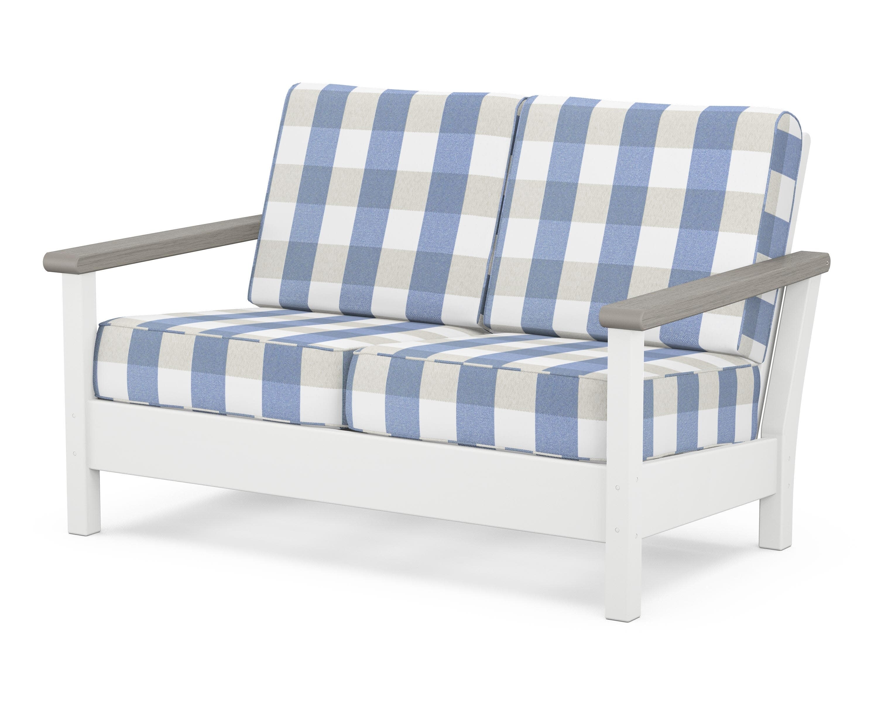 Harbour Deep Seating Loveseat in White / Driftwood / Buffalo Plaid Sky Blue