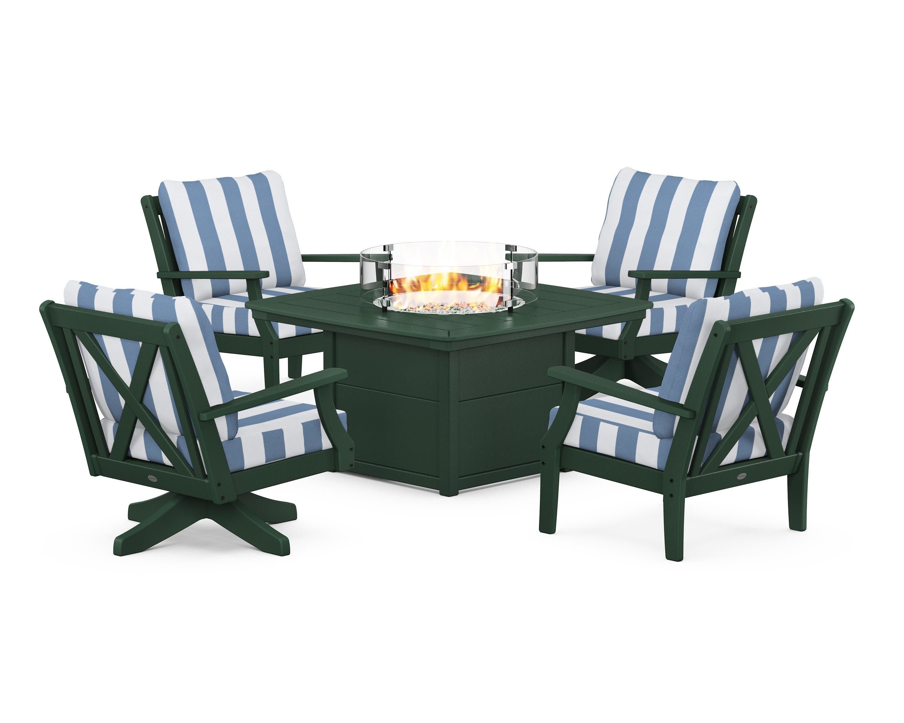Braxton 5-Piece Deep Seating Set with Fire Table in Green / Cabana Stripe Sky Blue