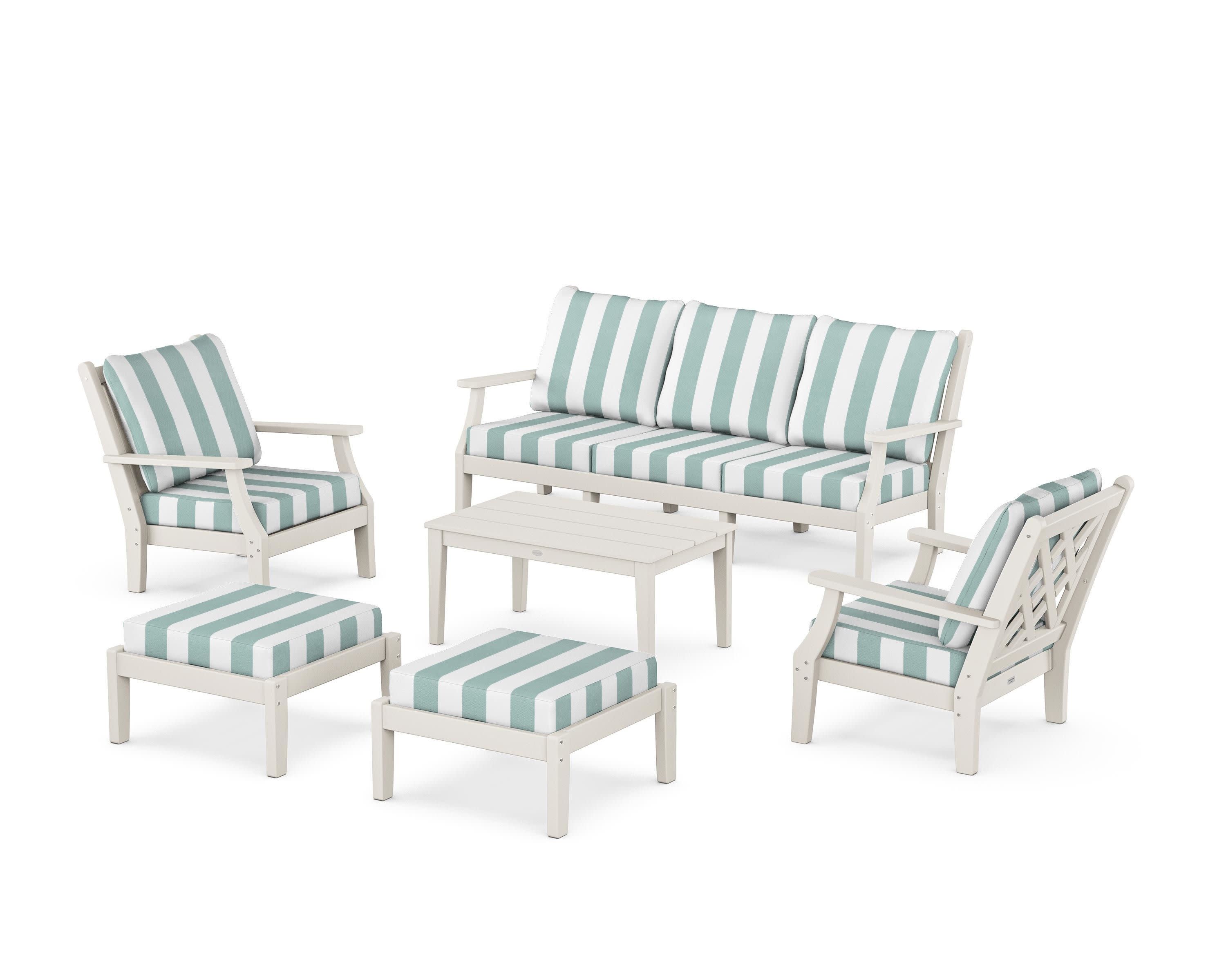 Wovendale 6-Piece Lounge Sofa Set in Sand / Cabana Stripe Glacier Spa
