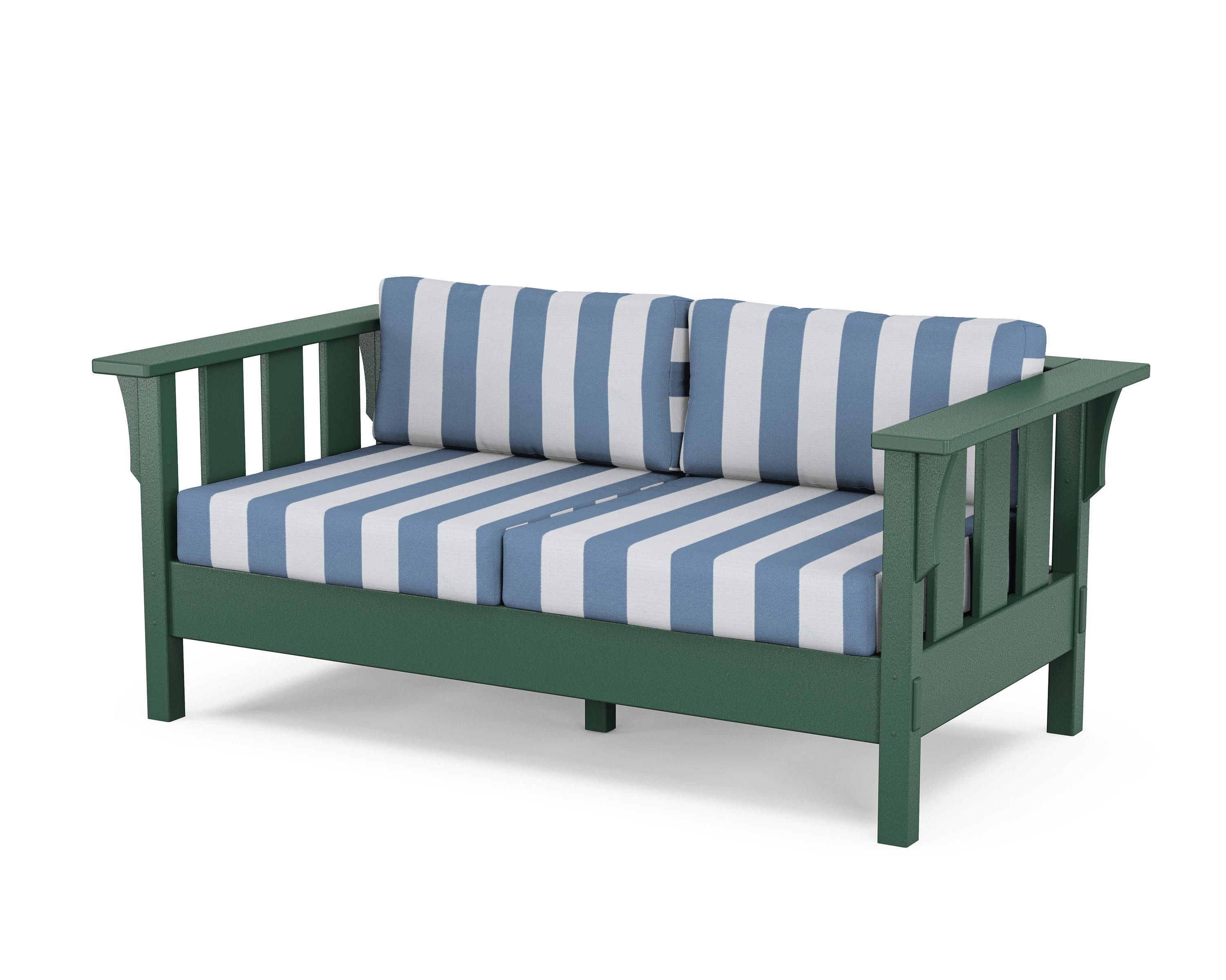 Acadia Deep Seating Loveseat in Green / Cabana Stripe Sky Blue