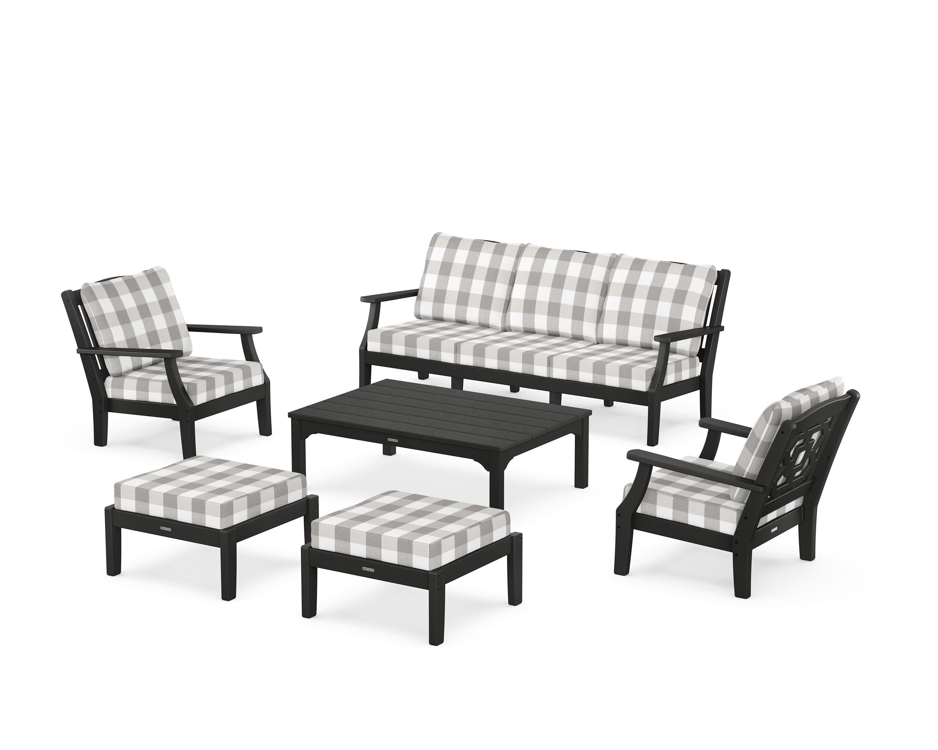 Chinoiserie 6-Piece Lounge Sofa Set in Black / Buffalo Plaid Grey Mist