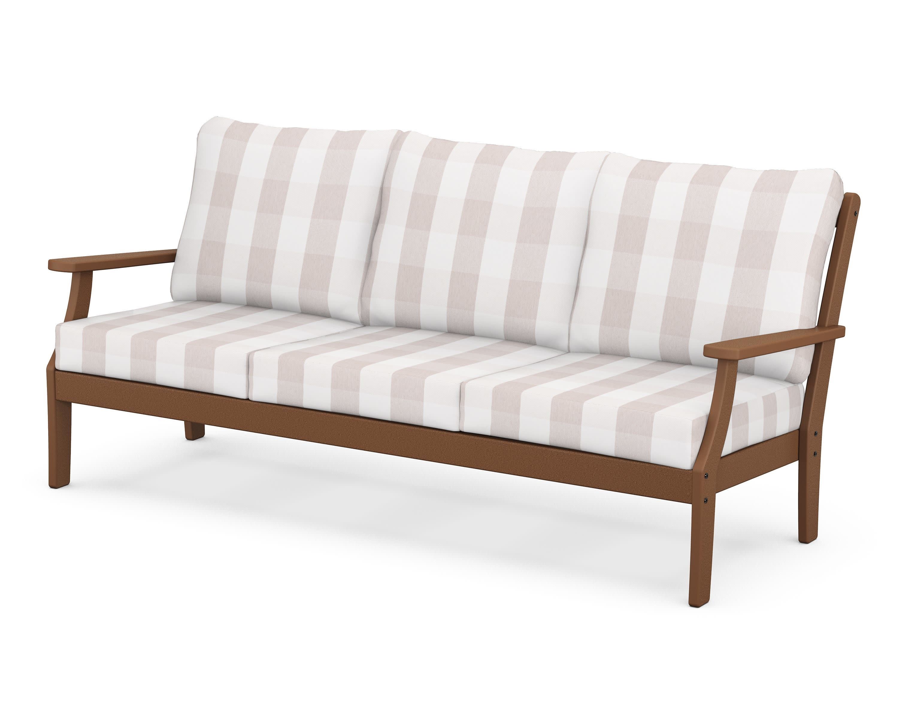 Braxton Deep Seating Sofa in Teak / Buffalo Plaid Dune Burlap
