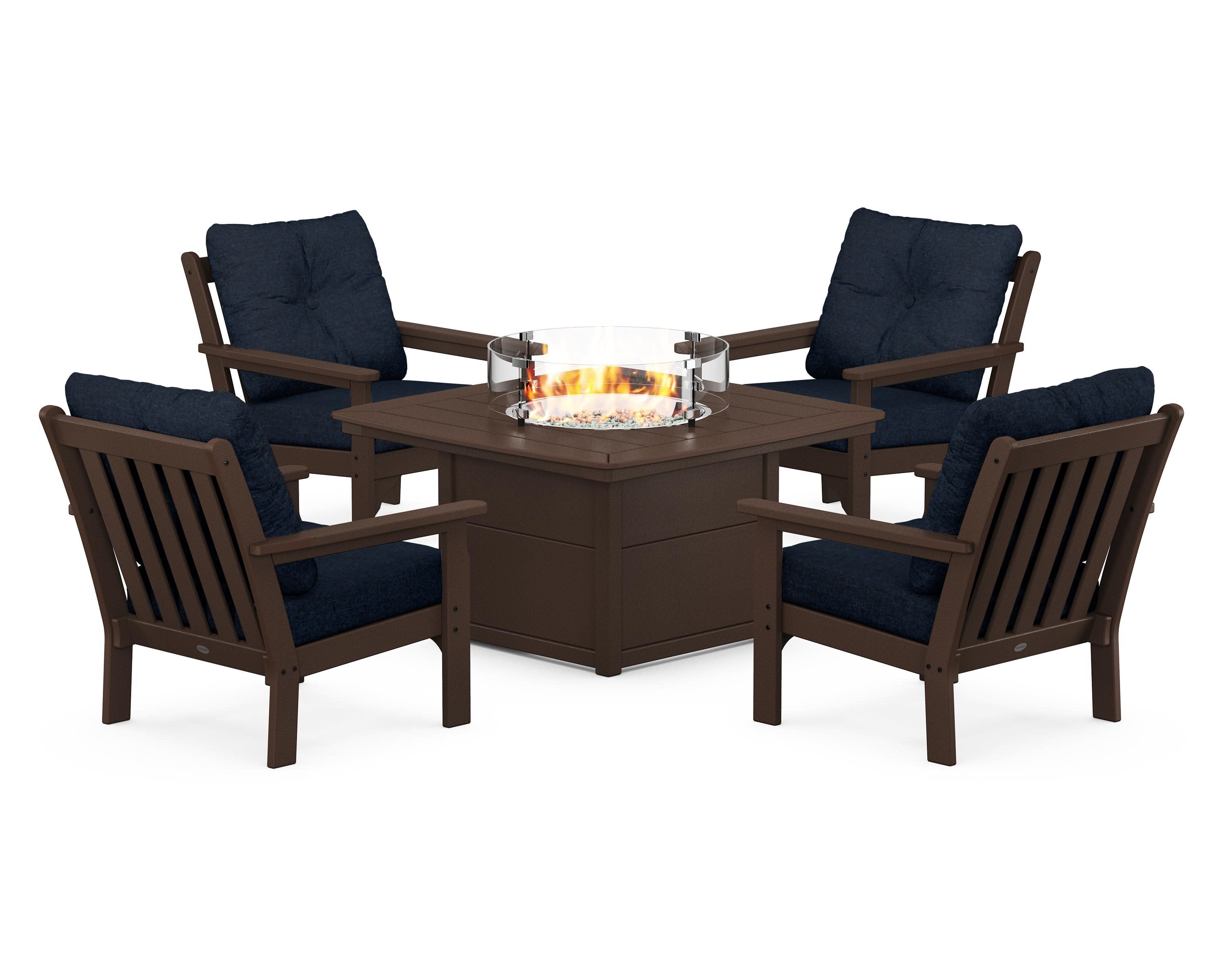 Vineyard 5-Piece Conversation Set with Fire Pit Table in Mahogany / Marine Indigo
