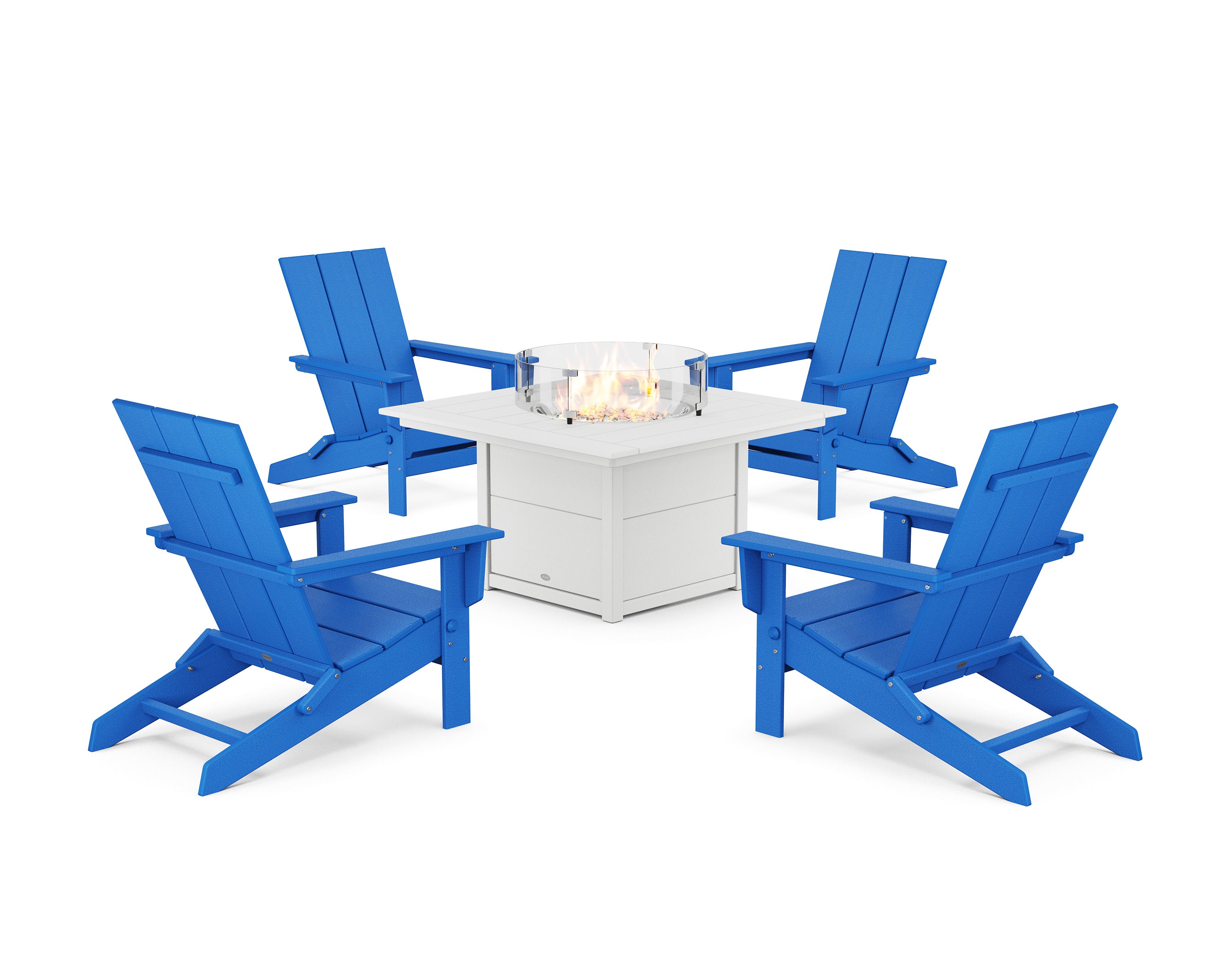 5-Piece Modern Studio Folding Adirondack Conversation Set with Fire Pit Table in Pacific Blue / White