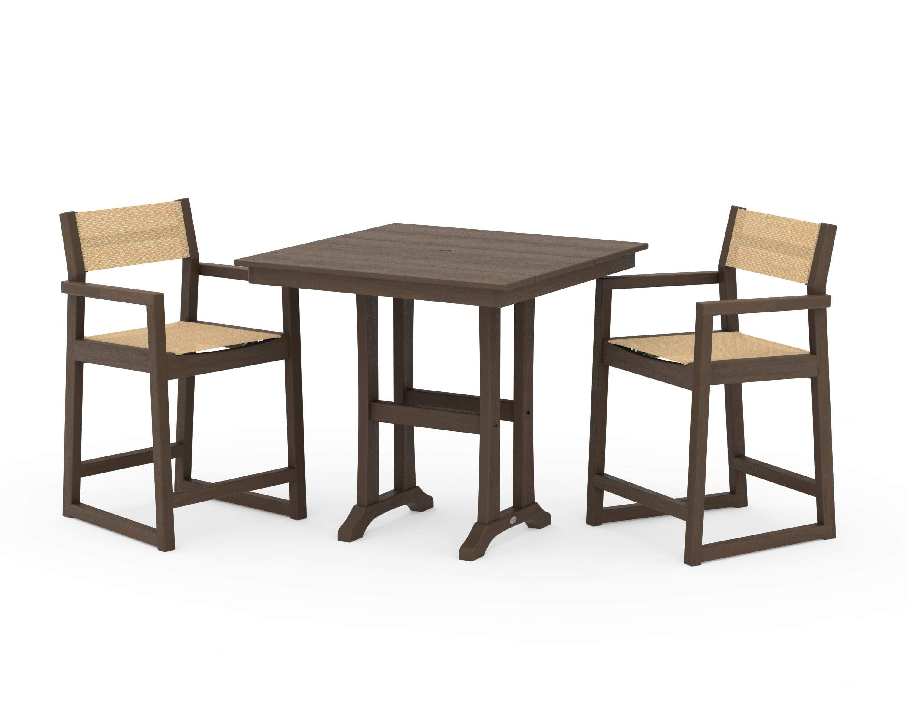 EDGE Sling Arm Chair 3-Piece Farmhouse Counter Set with Trestle Legs in Kona / Dupioni Apricot Sling