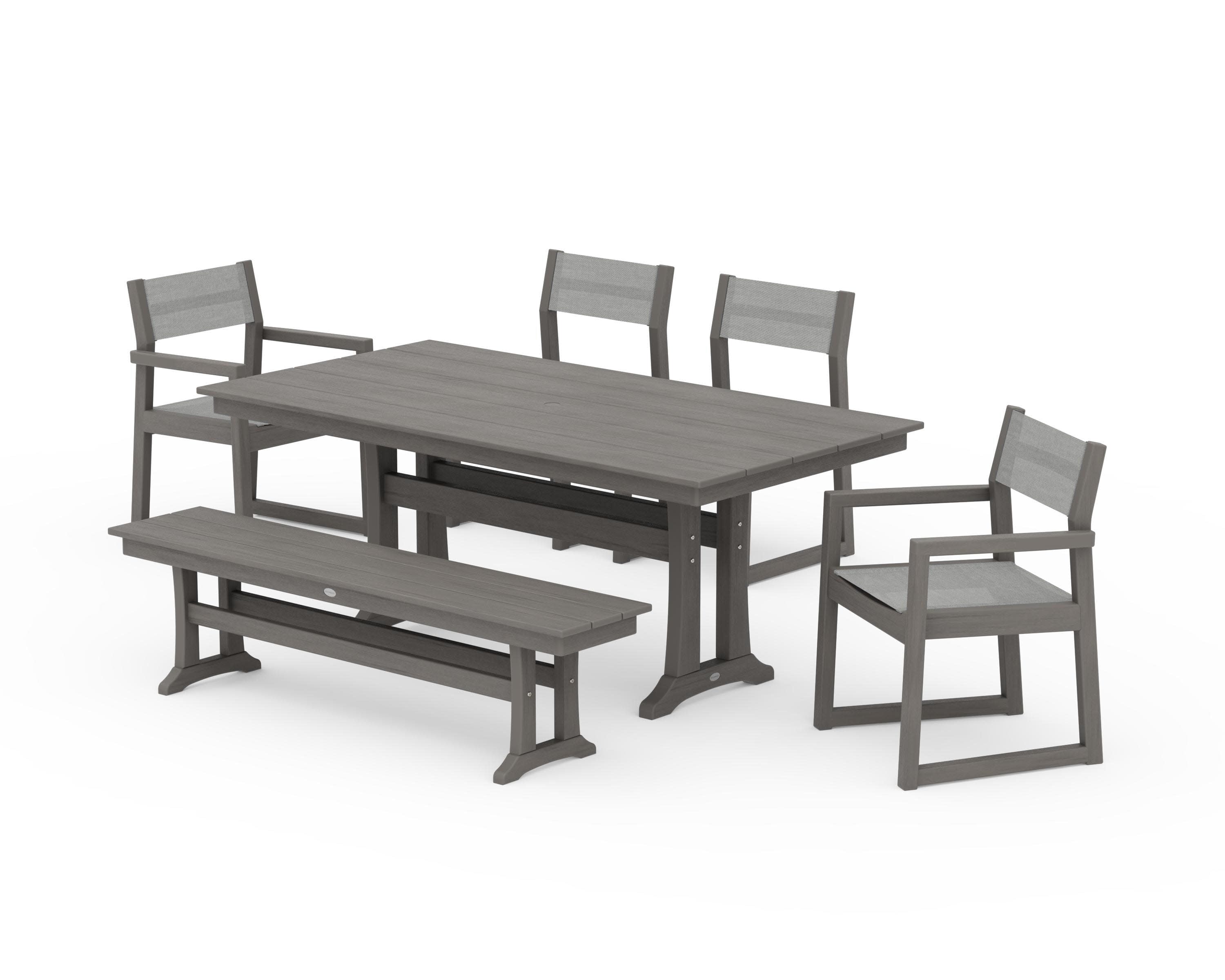 EDGE Sling 6-Piece Farmhouse Dining Set With Trestle Legs in Driftwood / Metallic Sling