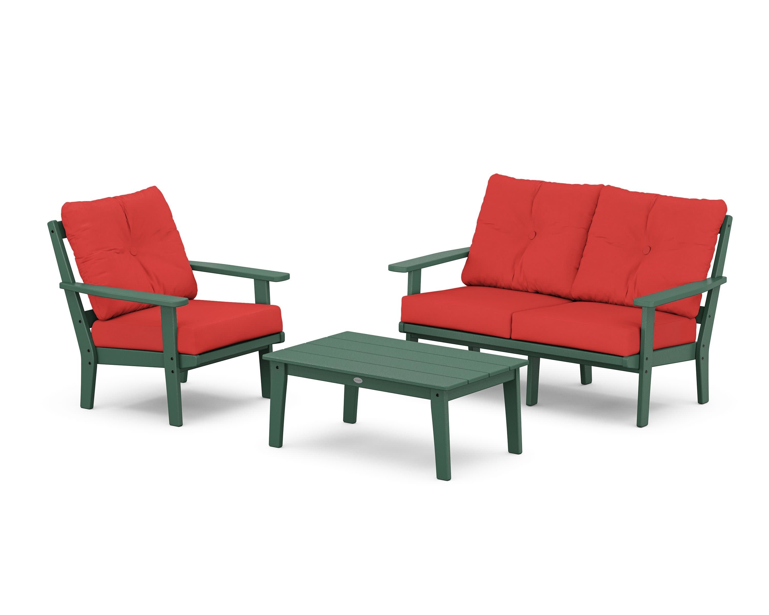 Oxford 3-Piece Deep Seating Set with Loveseat in Green / Crimson Linen