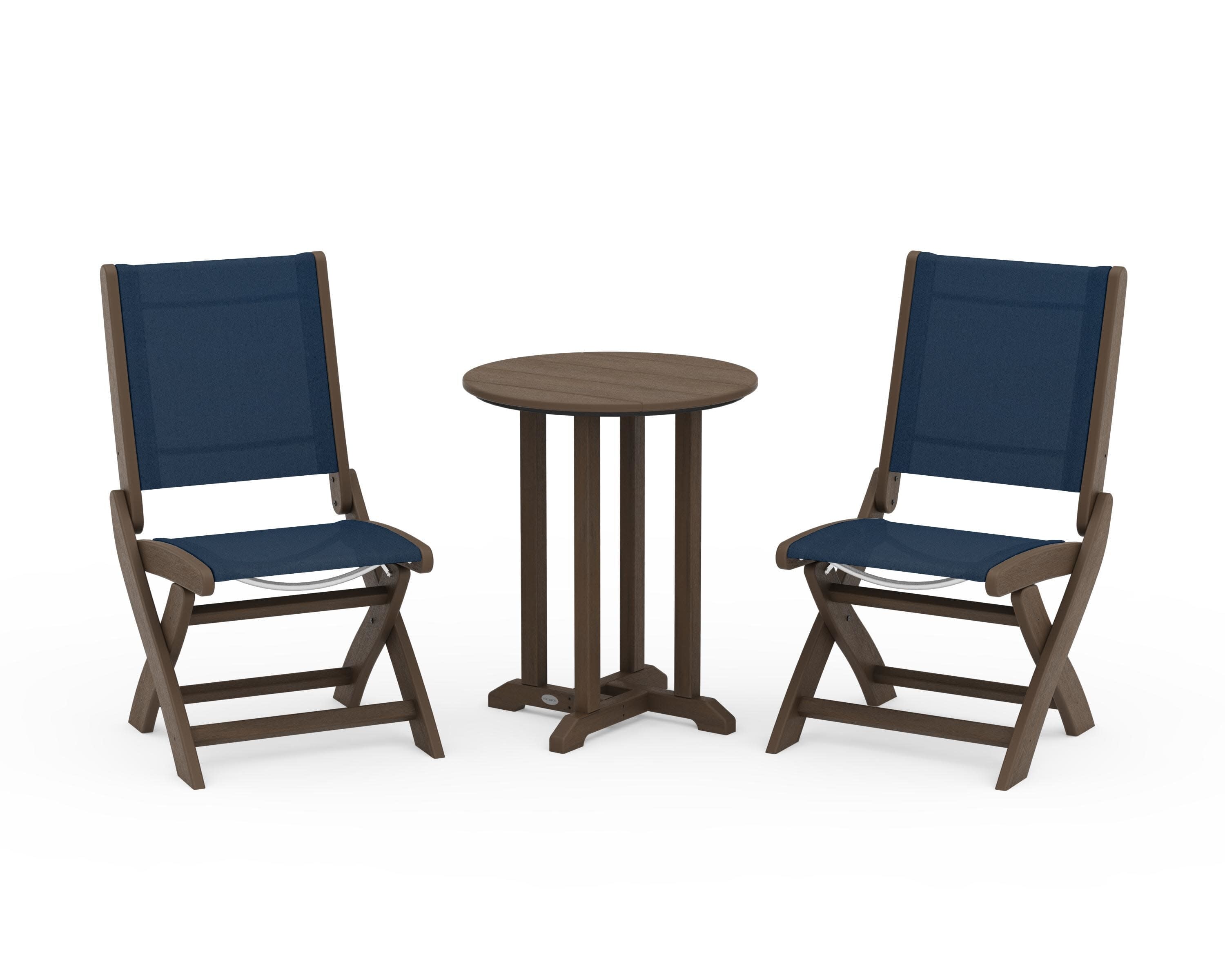 Coastal Folding Side Chair 3-Piece Round Bistro Dining Set in Kona / Navy Blue Sling