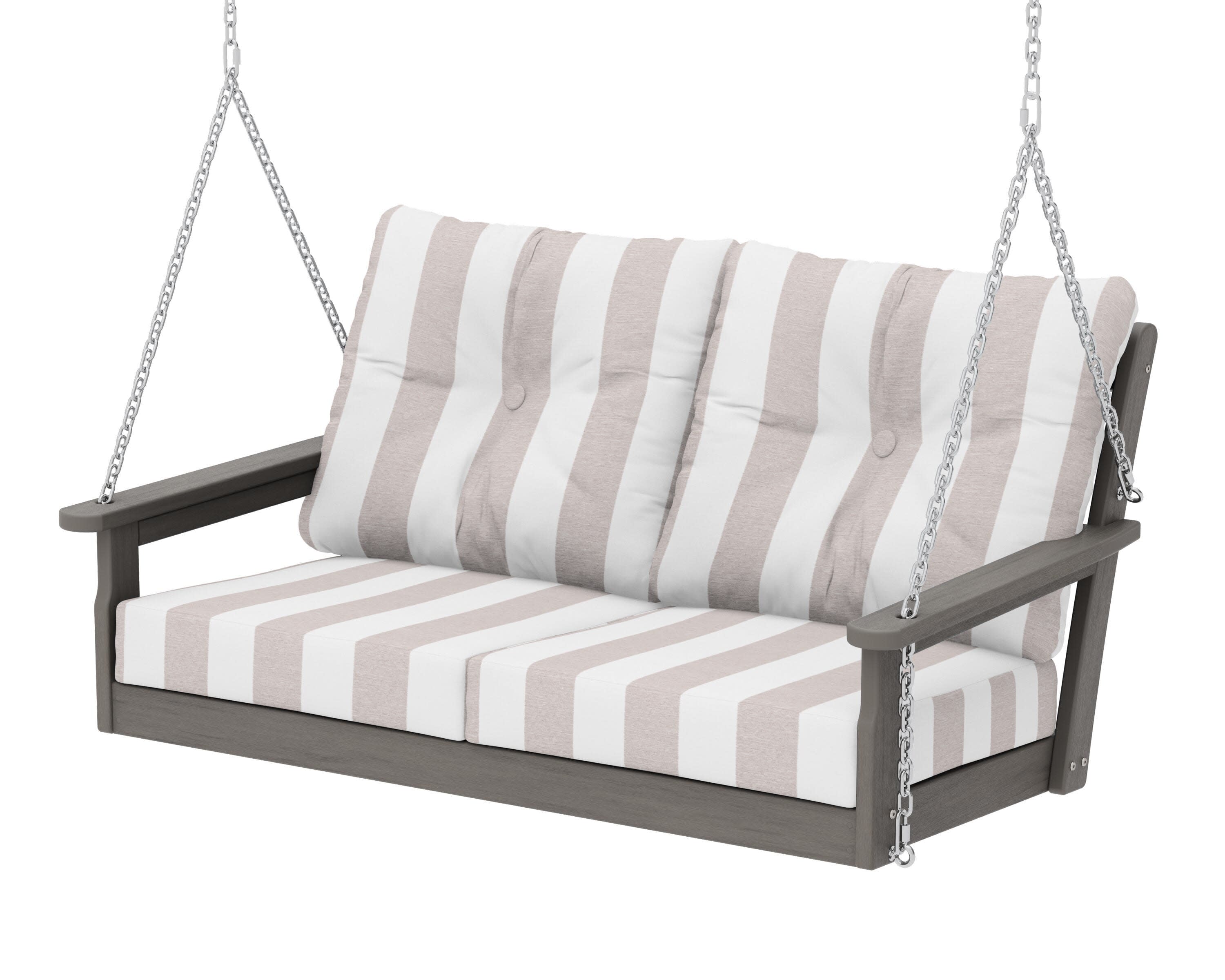 Vineyard Deep Seating Swing in Driftwood / Cabana Stripe Dune Burlap