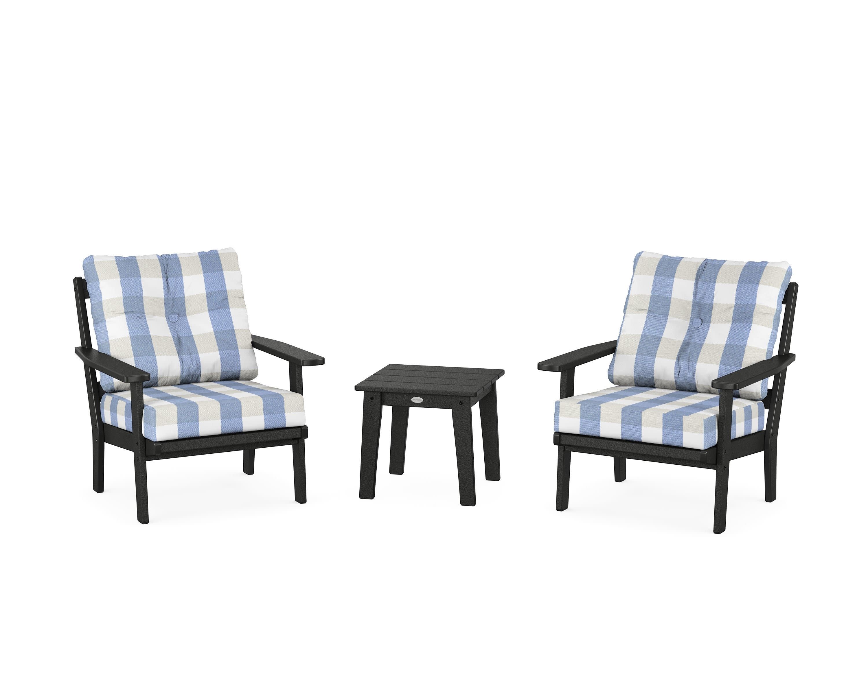 Oxford 3-Piece Deep Seating Set in Black / Buffalo Plaid Sky Blue