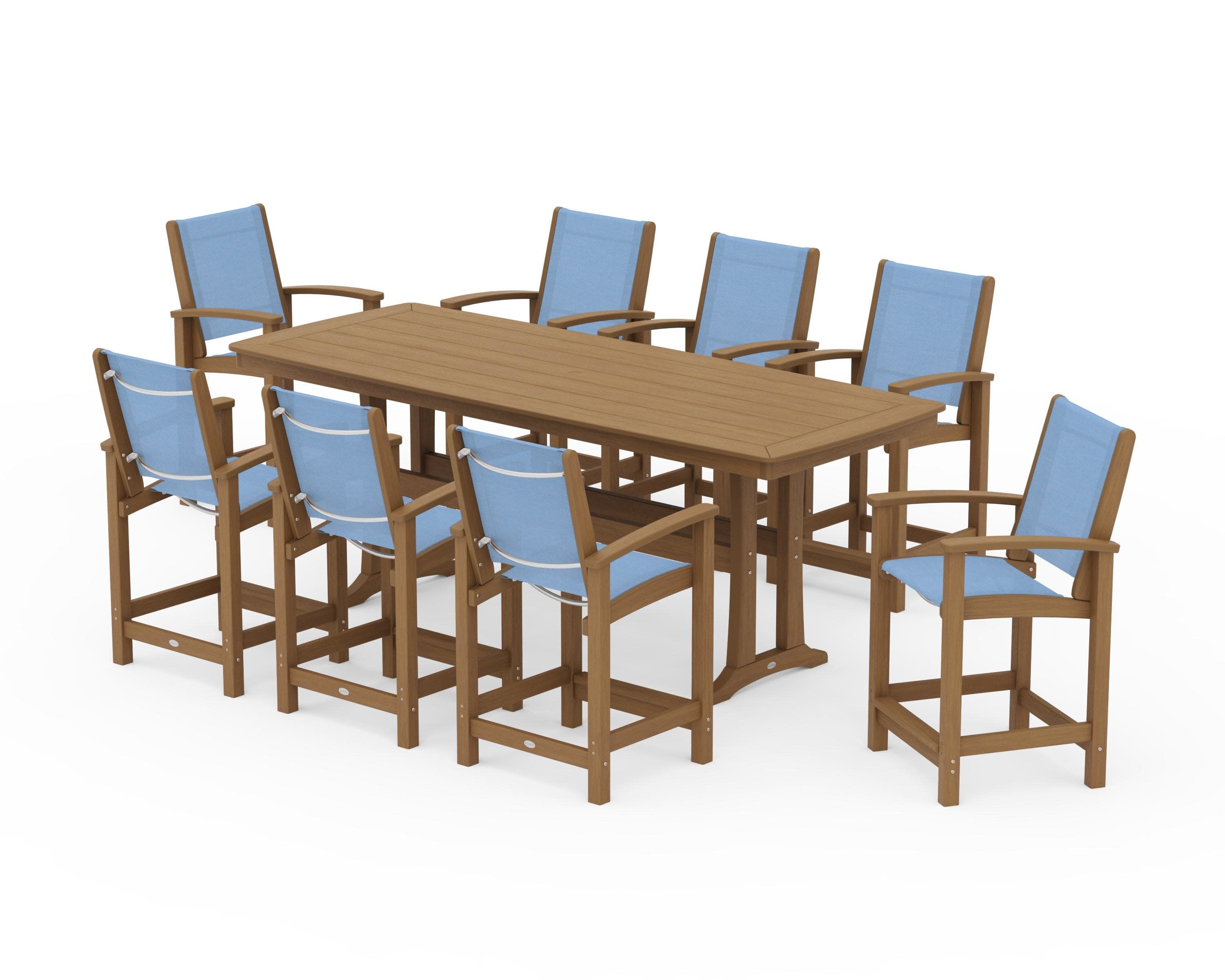 Coastal 9-Piece Counter Set with Trestle Legs in Natural / Poolside Sling