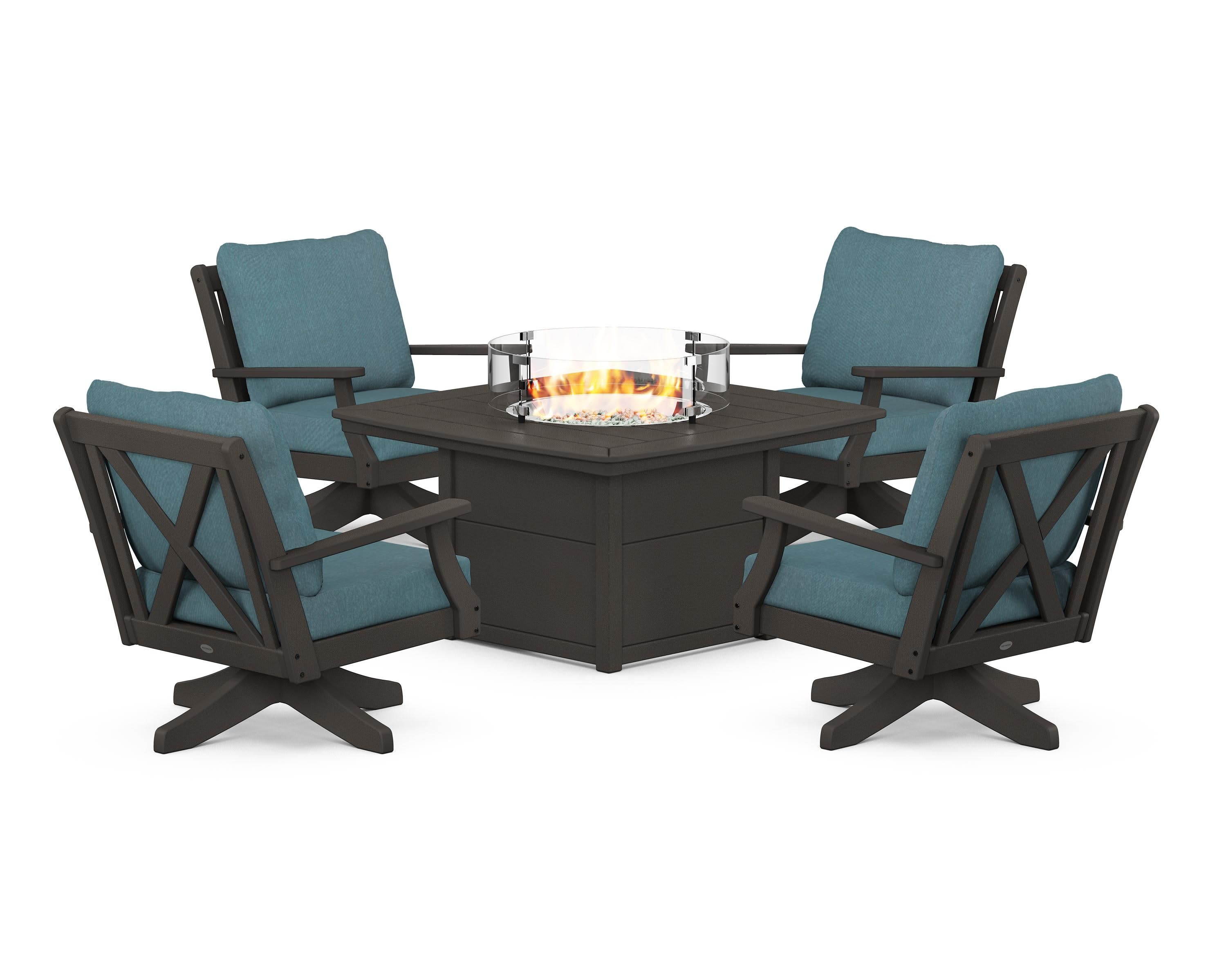 Braxton 5-Piece Deep Seating Swivel Conversation Set with Fire Pit Table in Vintage Coffee / Ocean Teal