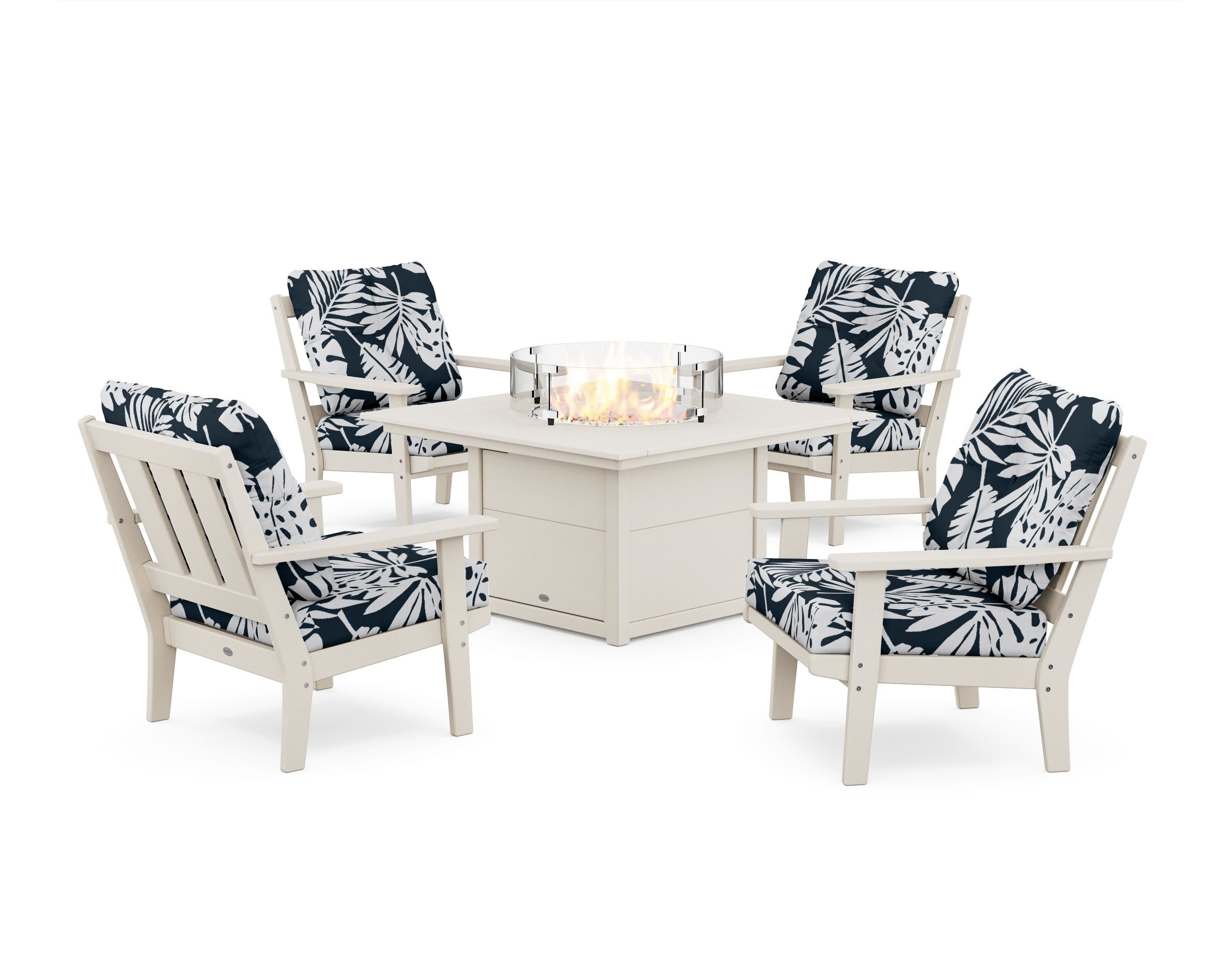 Oxford 5-Piece Deep Seating Set with Fire Pit Table in Sand / Leaf Marine Indigo
