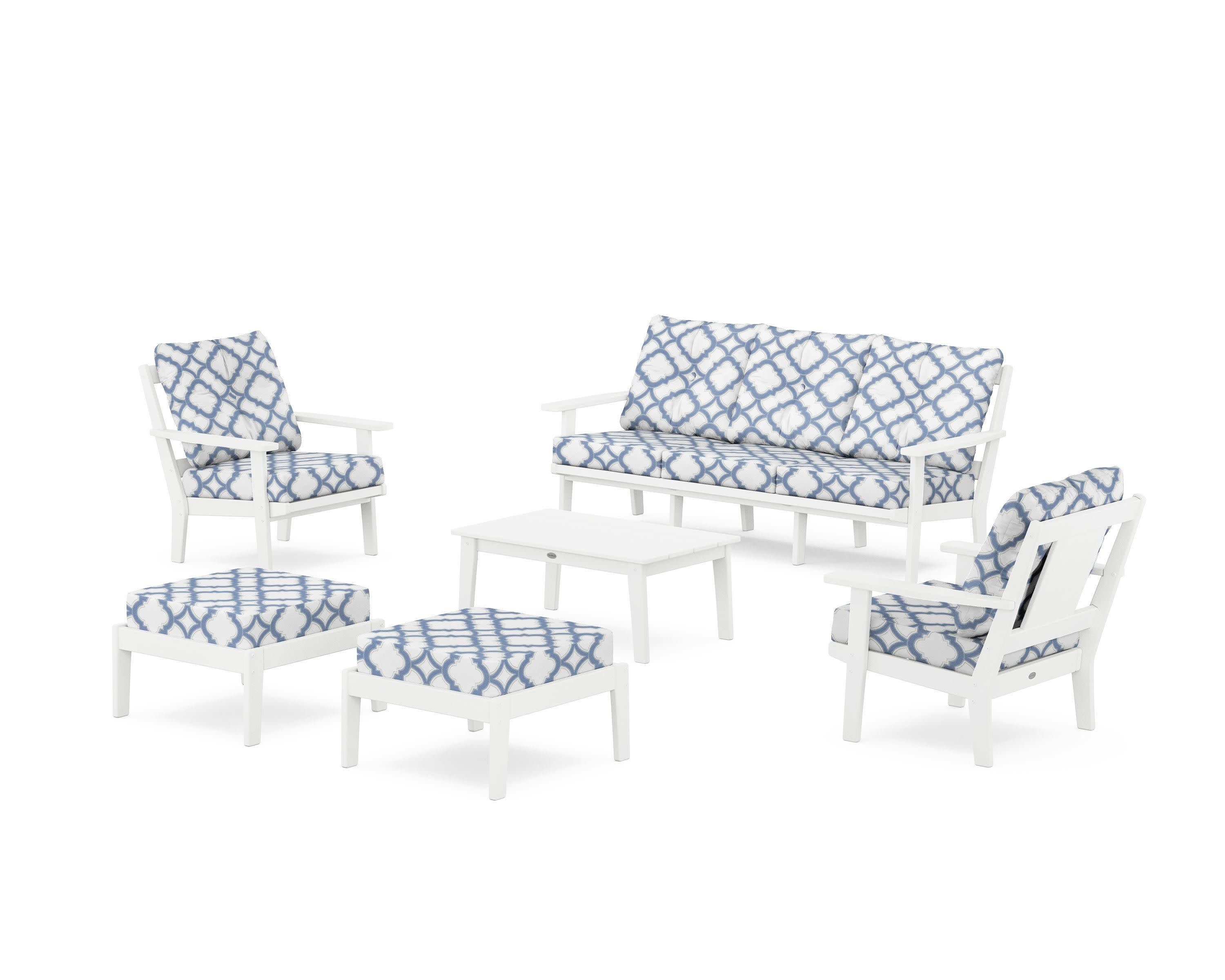 Prairie 6-Piece Lounge Sofa Set in White / Trellis Sky Blue