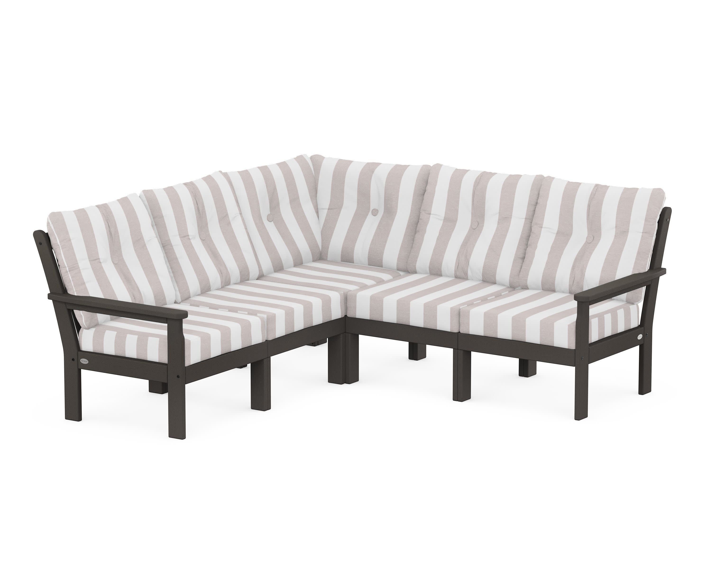Vineyard 5-Piece Sectional in Vintage Coffee / Cabana Stripe Dune Burlap