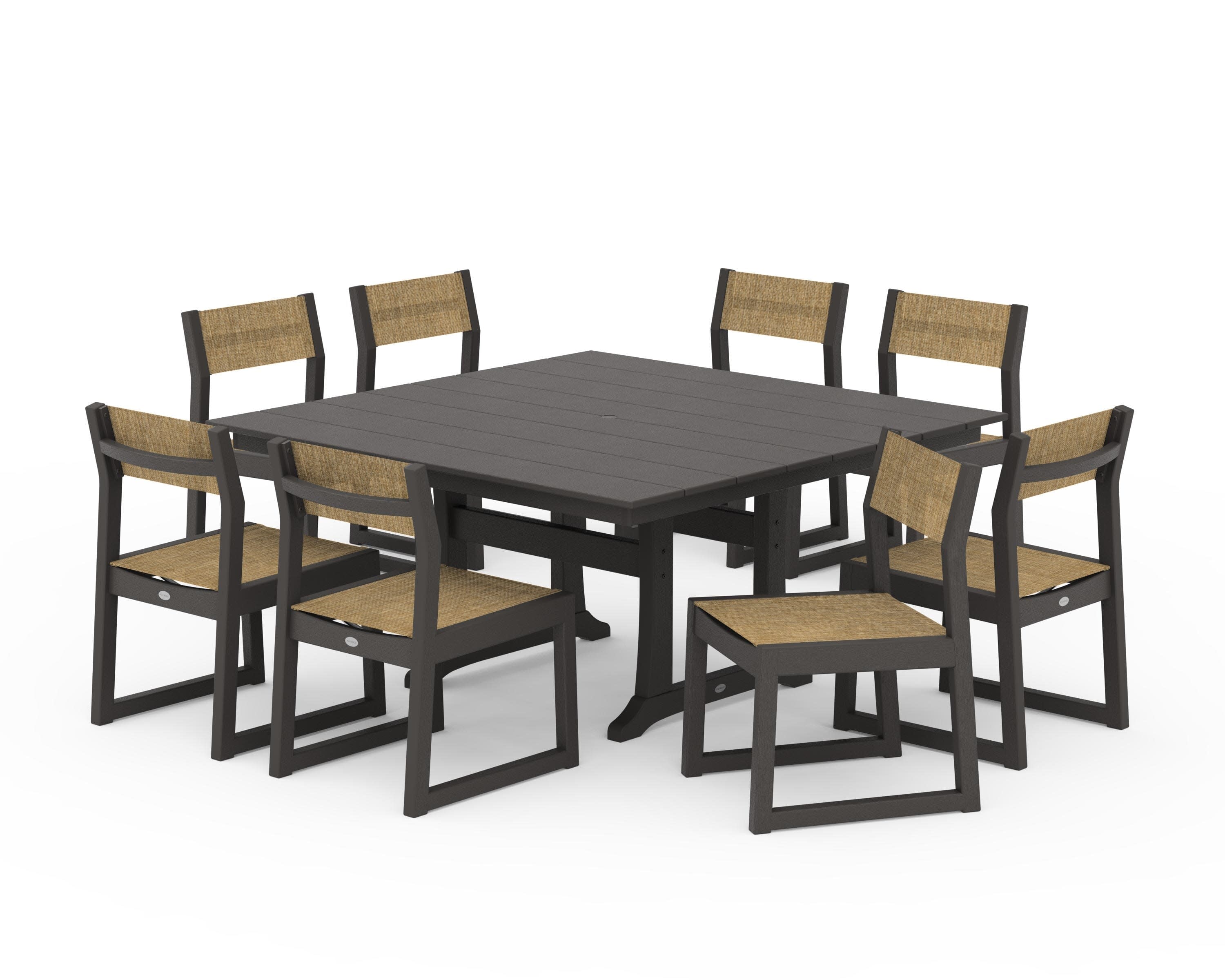 EDGE Sling Side Chair 9-Piece Farmhouse Trestle Dining Set in Vintage Coffee / Burlap Sling