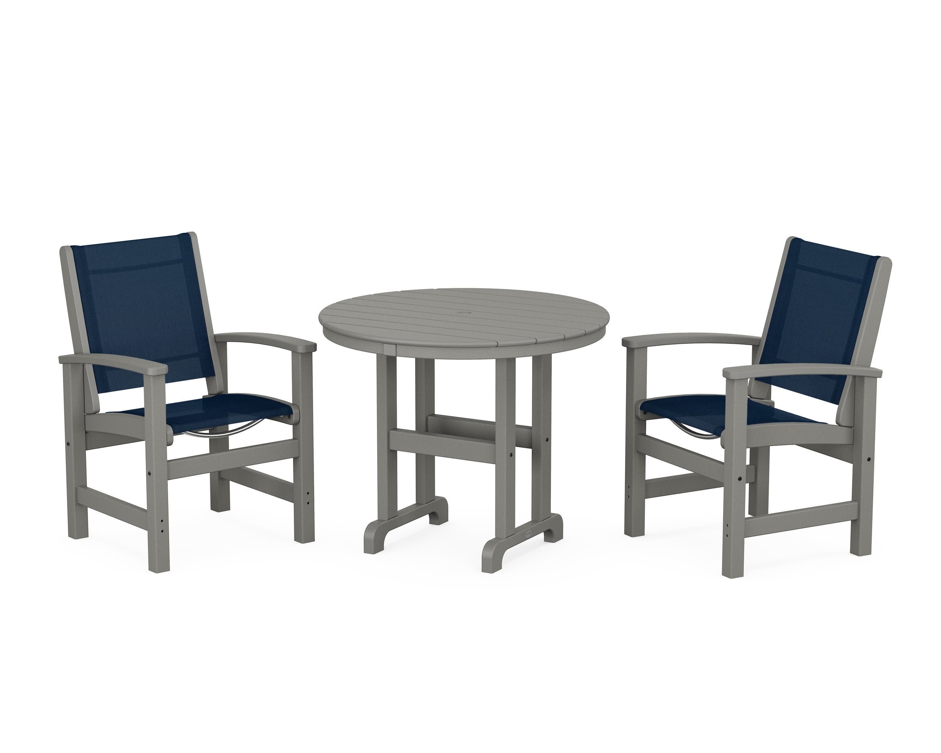 Coastal 3-Piece Round Dining Set in Slate Grey / Navy Blue Sling
