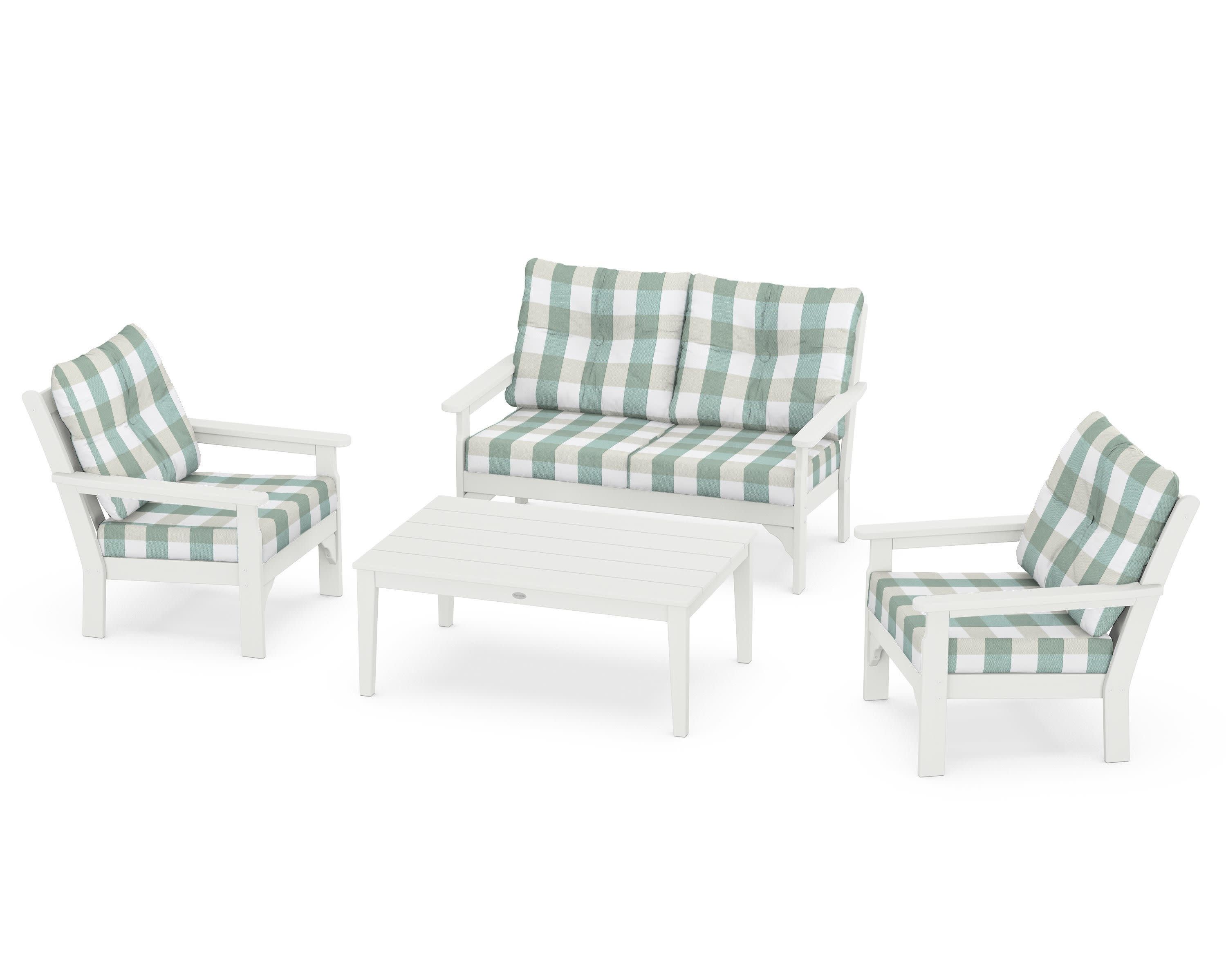 Vineyard 4-Piece Deep Seating Set in Vintage White / Buffalo Plaid Glacier Spa