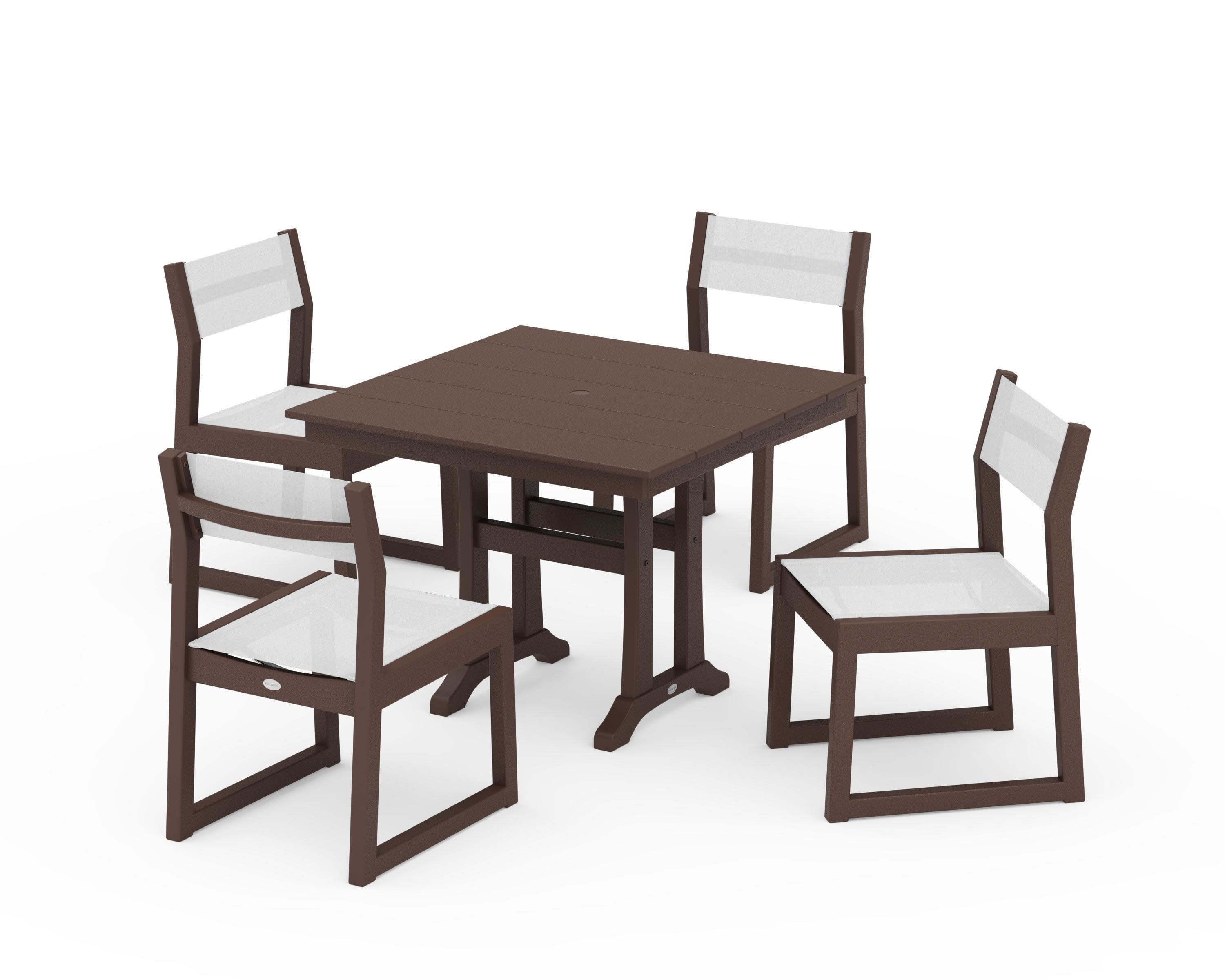 EDGE Sling 5-Piece Farmhouse Trestle Side Chair Dining Set in Mahogany / White Sling