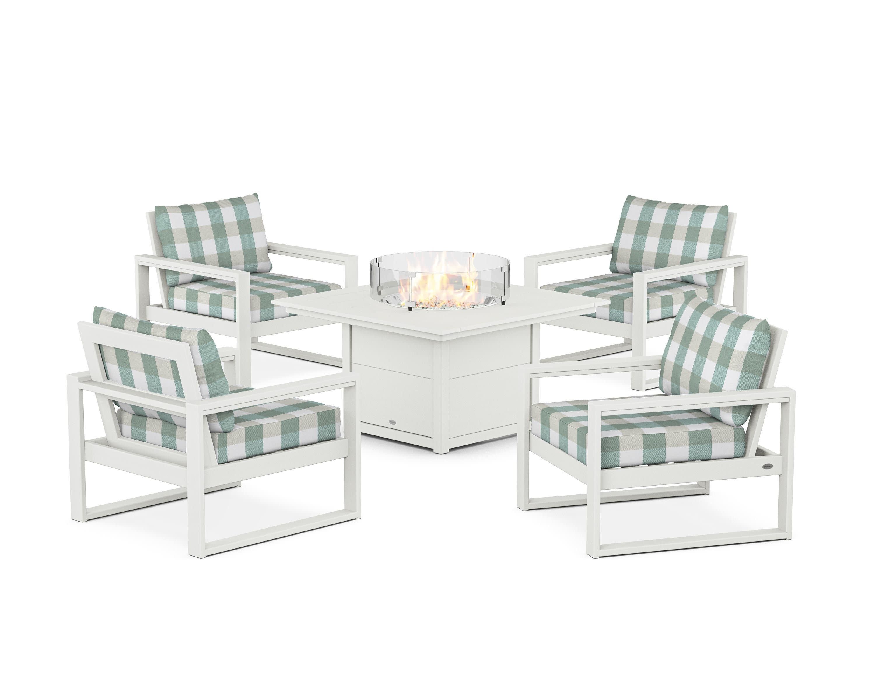 EDGE Sectional 5-Piece Deep Seating Set with Fire Pit Table in Vintage White / Buffalo Plaid Glacier Spa