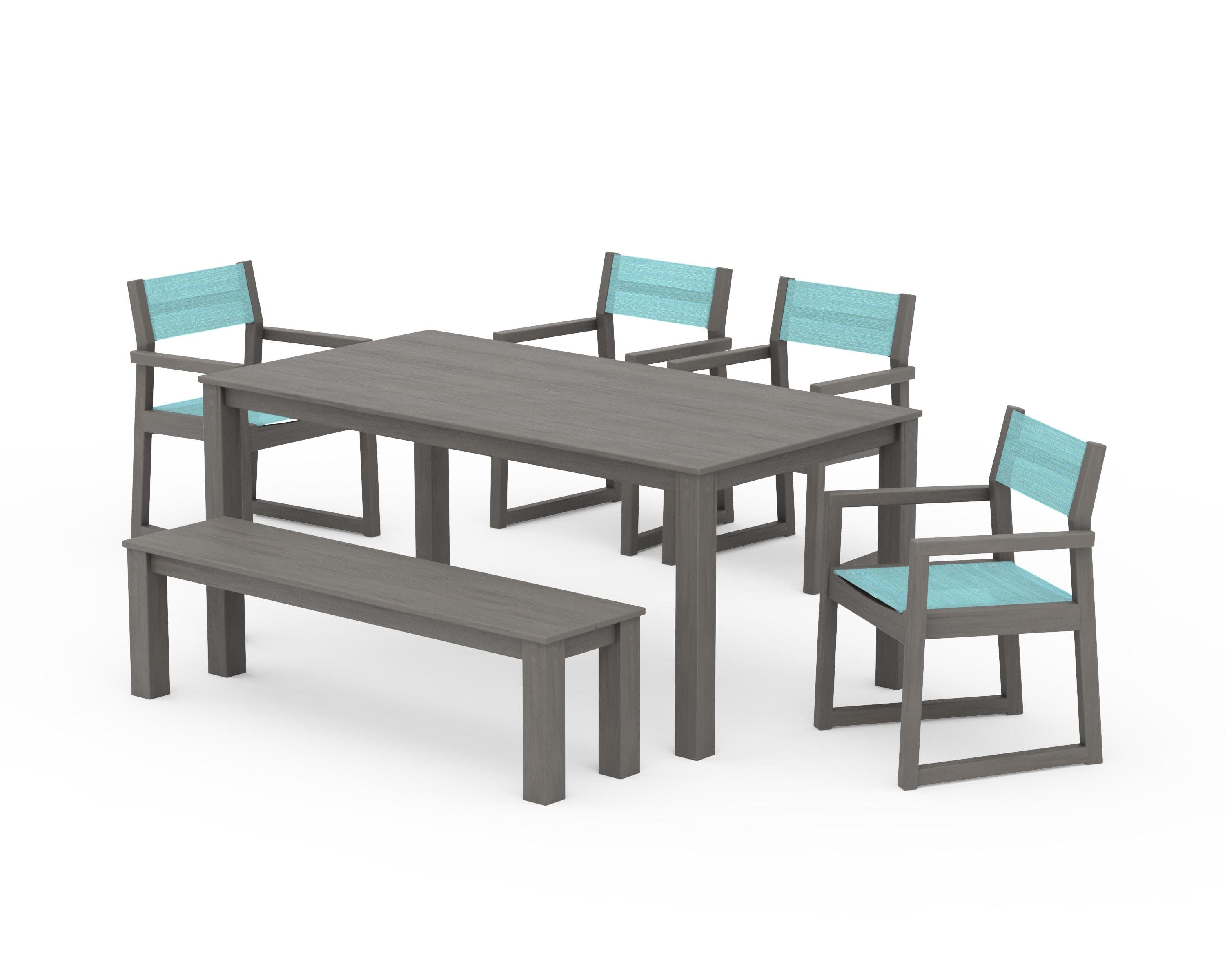 EDGE Sling Arm Chair 6-Piece Parsons Dining Set with Bench in Driftwood / Dupioni Aquamarine Sling