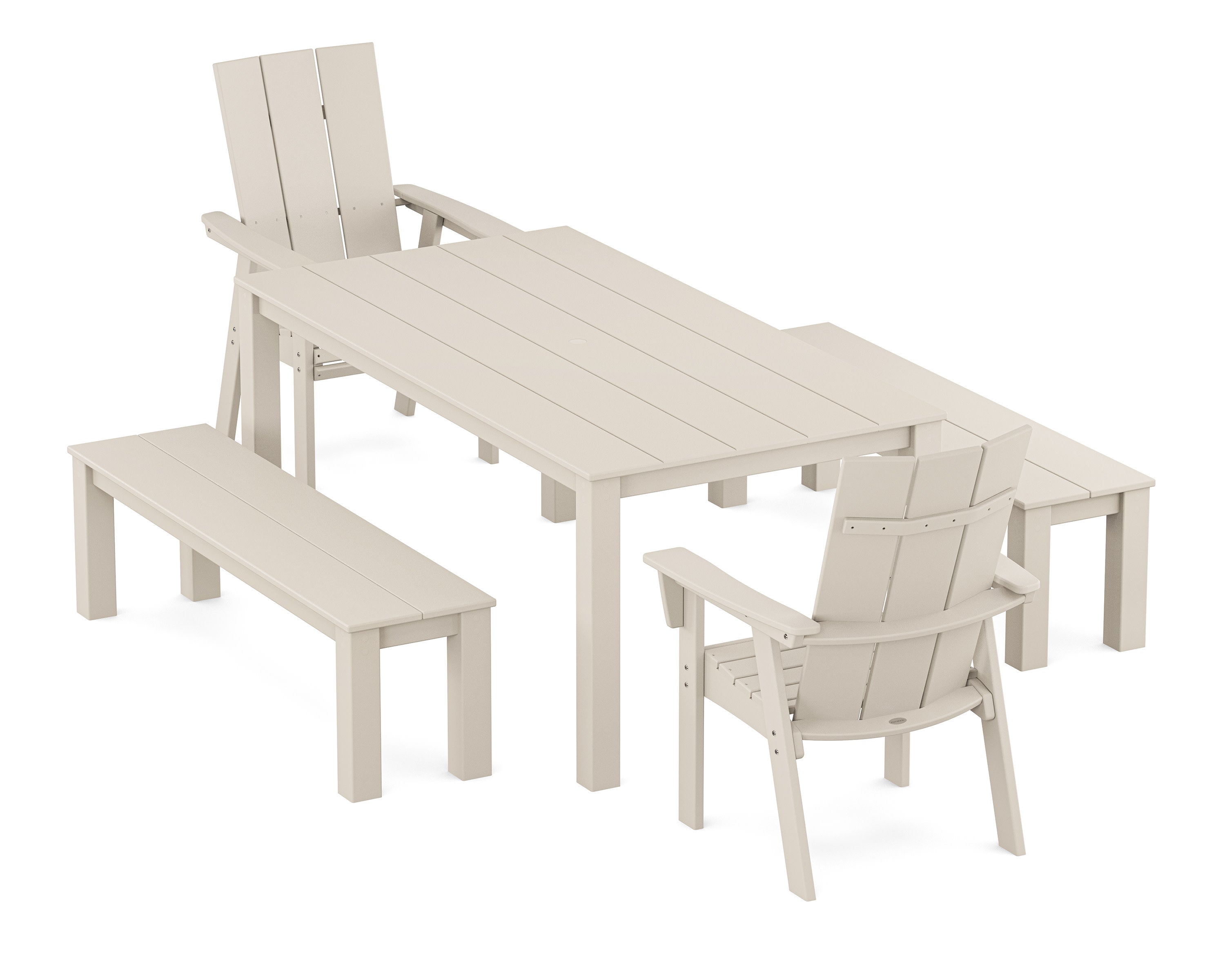 Modern Curveback Adirondack 5-Piece Parsons Dining Set with Benches in Sand