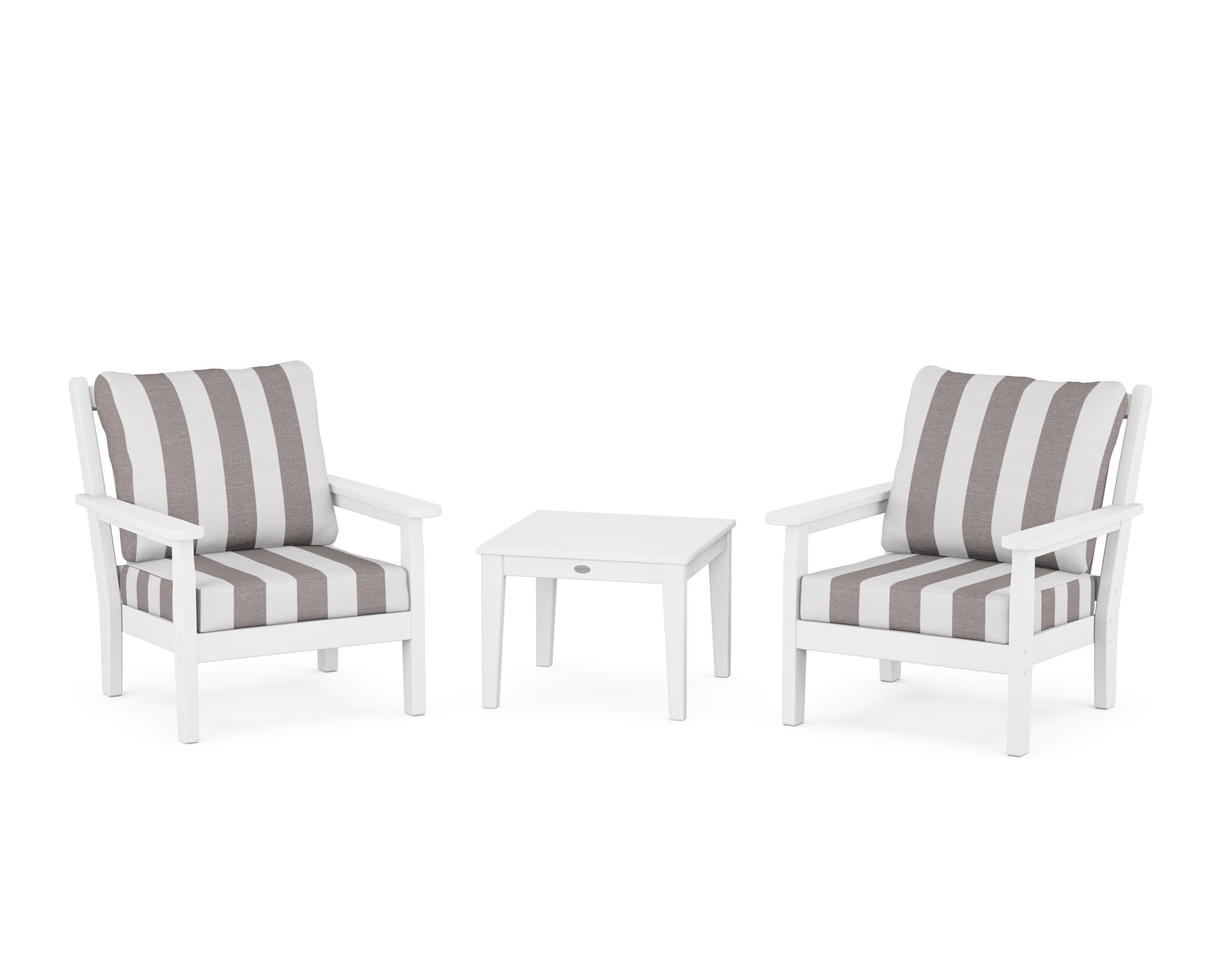 Chippendale 3-Piece Deep Seating Set in White / Cabana Stripe Grey Mist