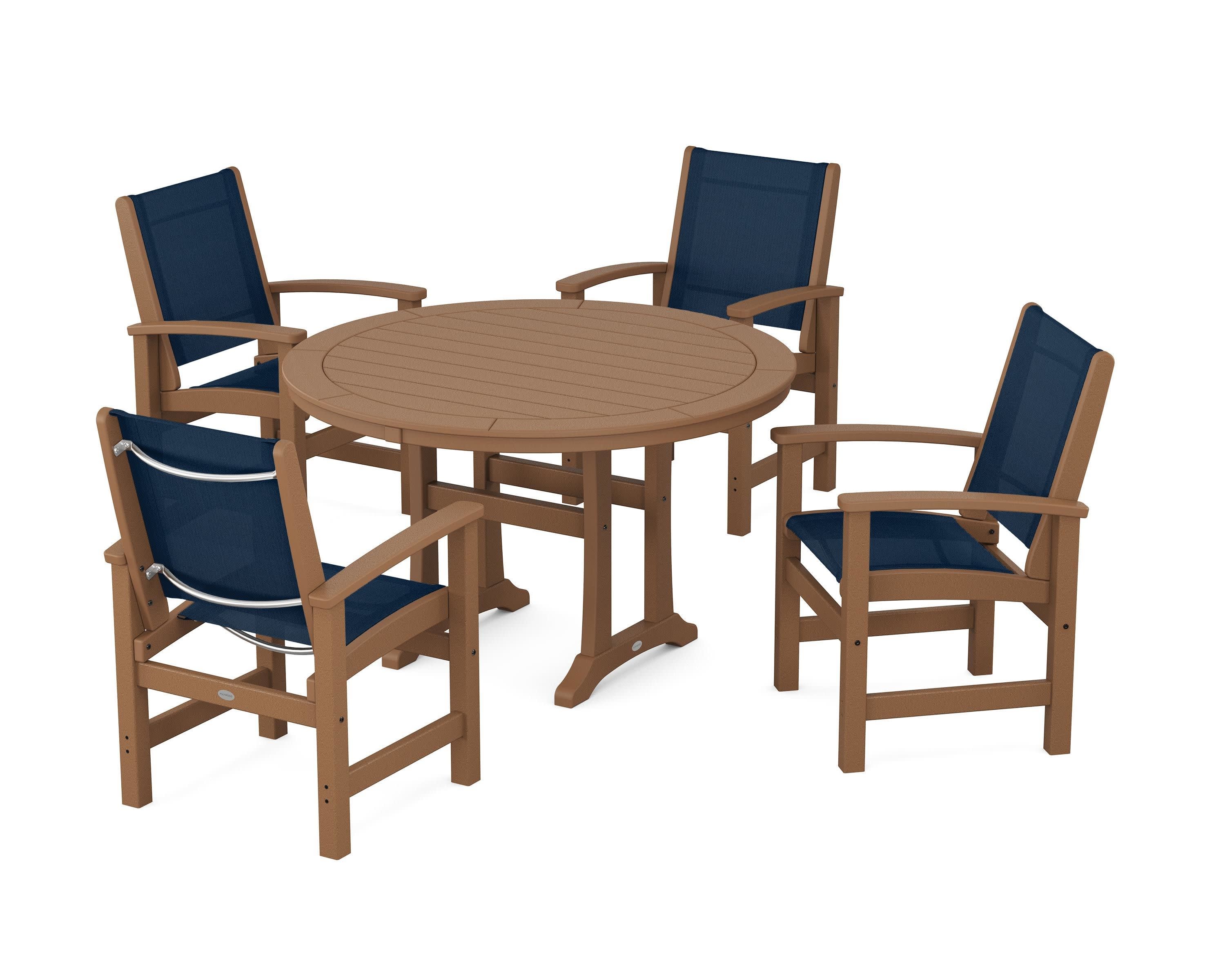 Coastal 5-Piece Round Dining Set with Trestle Legs in Teak / Navy Blue Sling