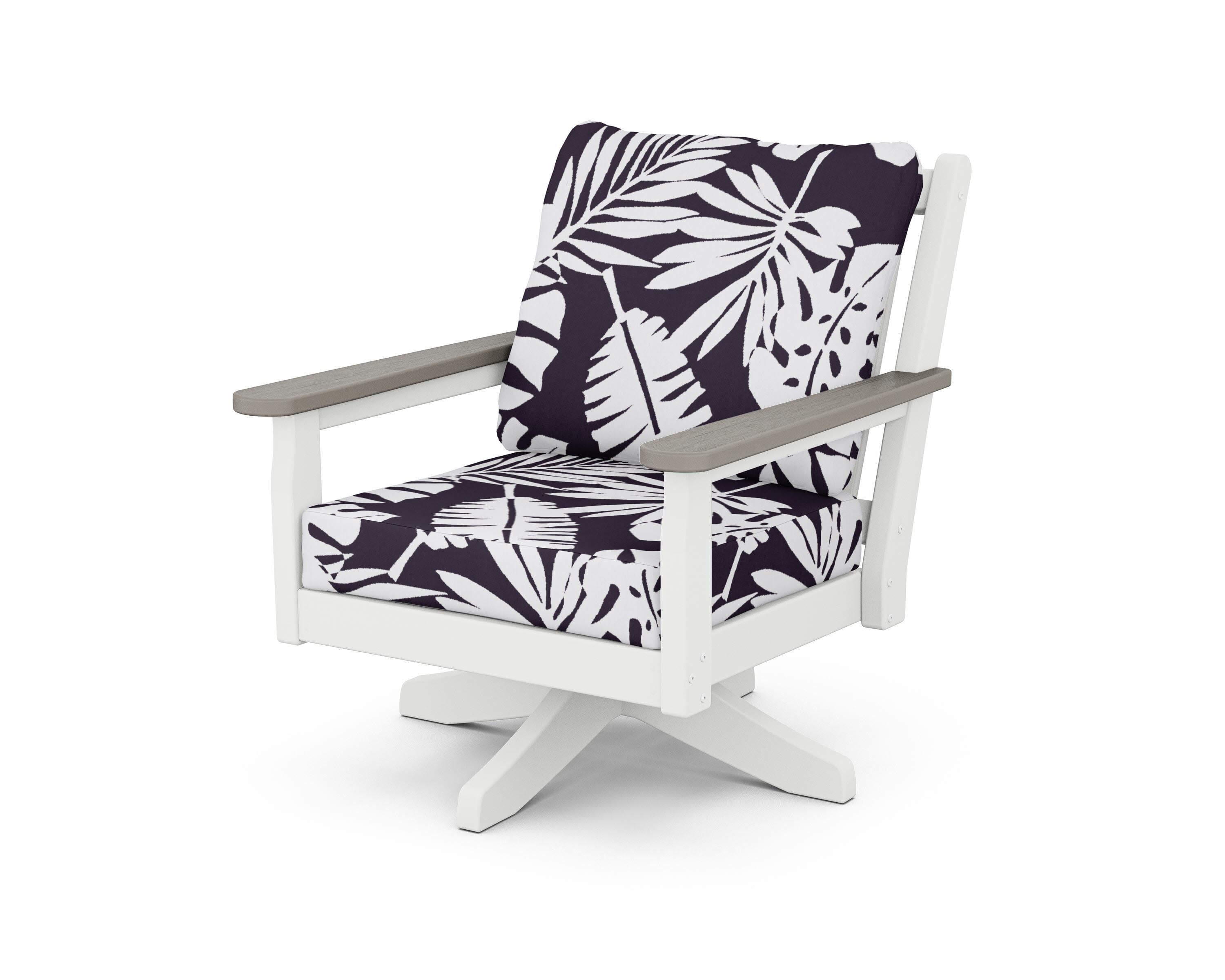 Chippendale Deep Seating Swivel Chair in White / Driftwood / Leaf Navy