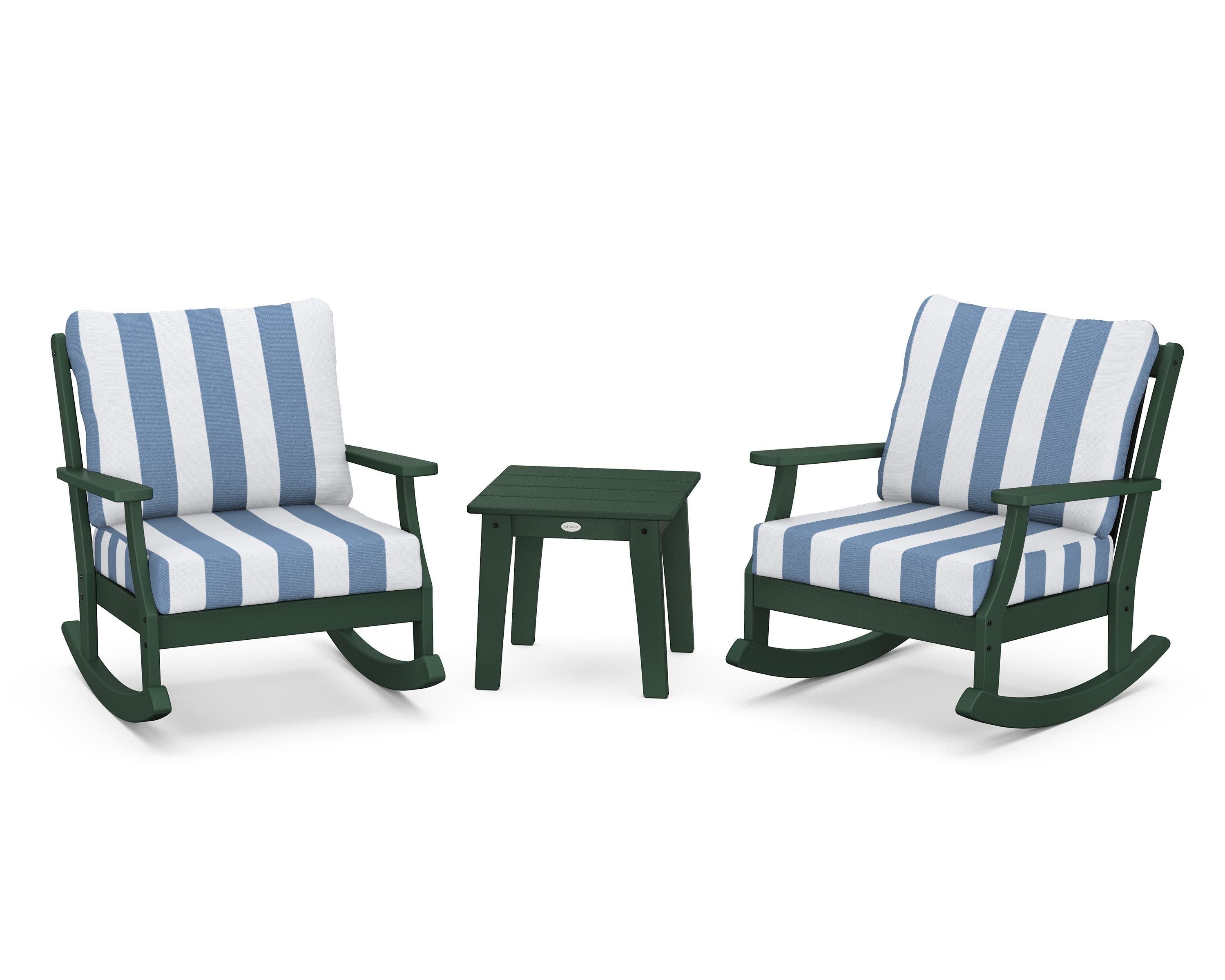 Braxton 3-Piece Deep Seating Rocker Set in Green / Cabana Stripe Sky Blue