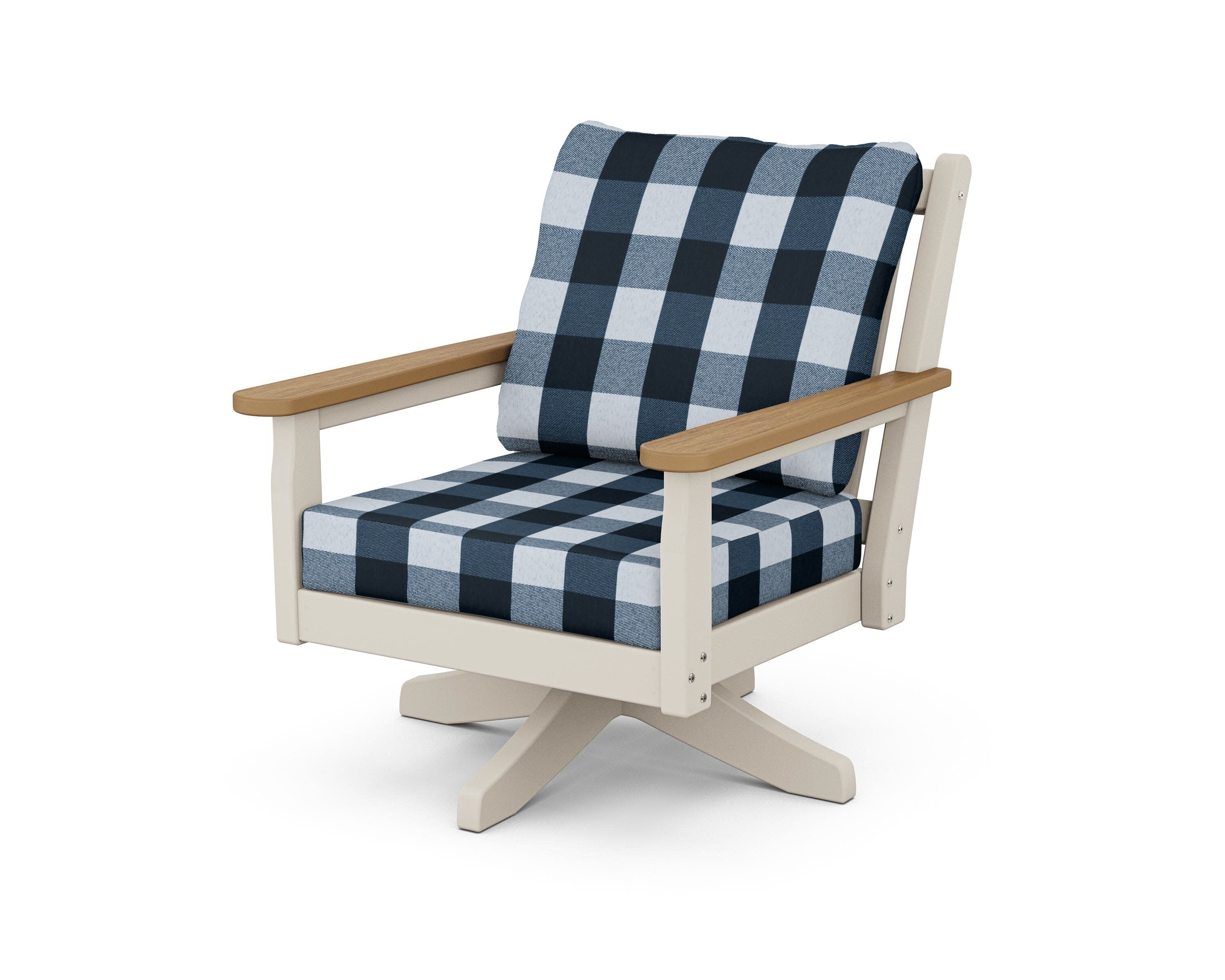 Chippendale Deep Seating Swivel Chair in Sand / Natural / Buffalo Plaid Marine Indigo