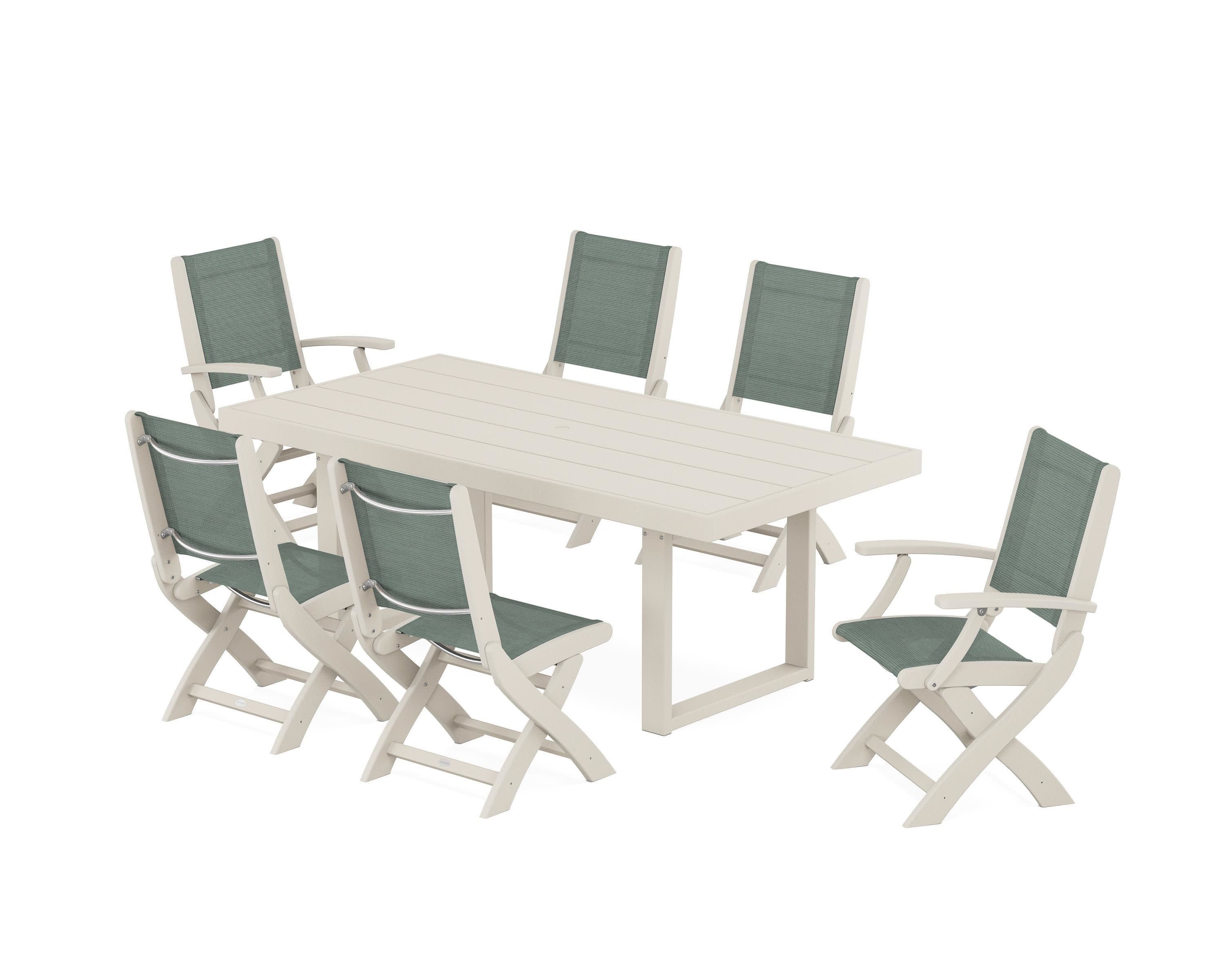 Coastal Folding Chair 7-Piece Dining Set with Trestle Legs in Sand / Dupioni Sea Mist Sling