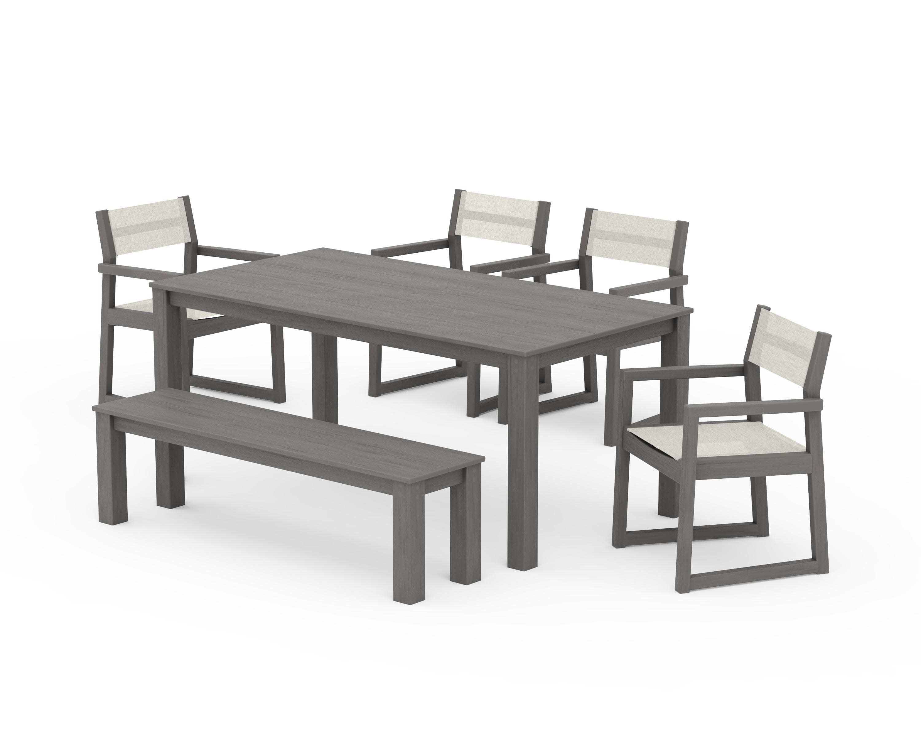 EDGE Sling Arm Chair 6-Piece Parsons Dining Set with Bench in Driftwood / Parchment Sling