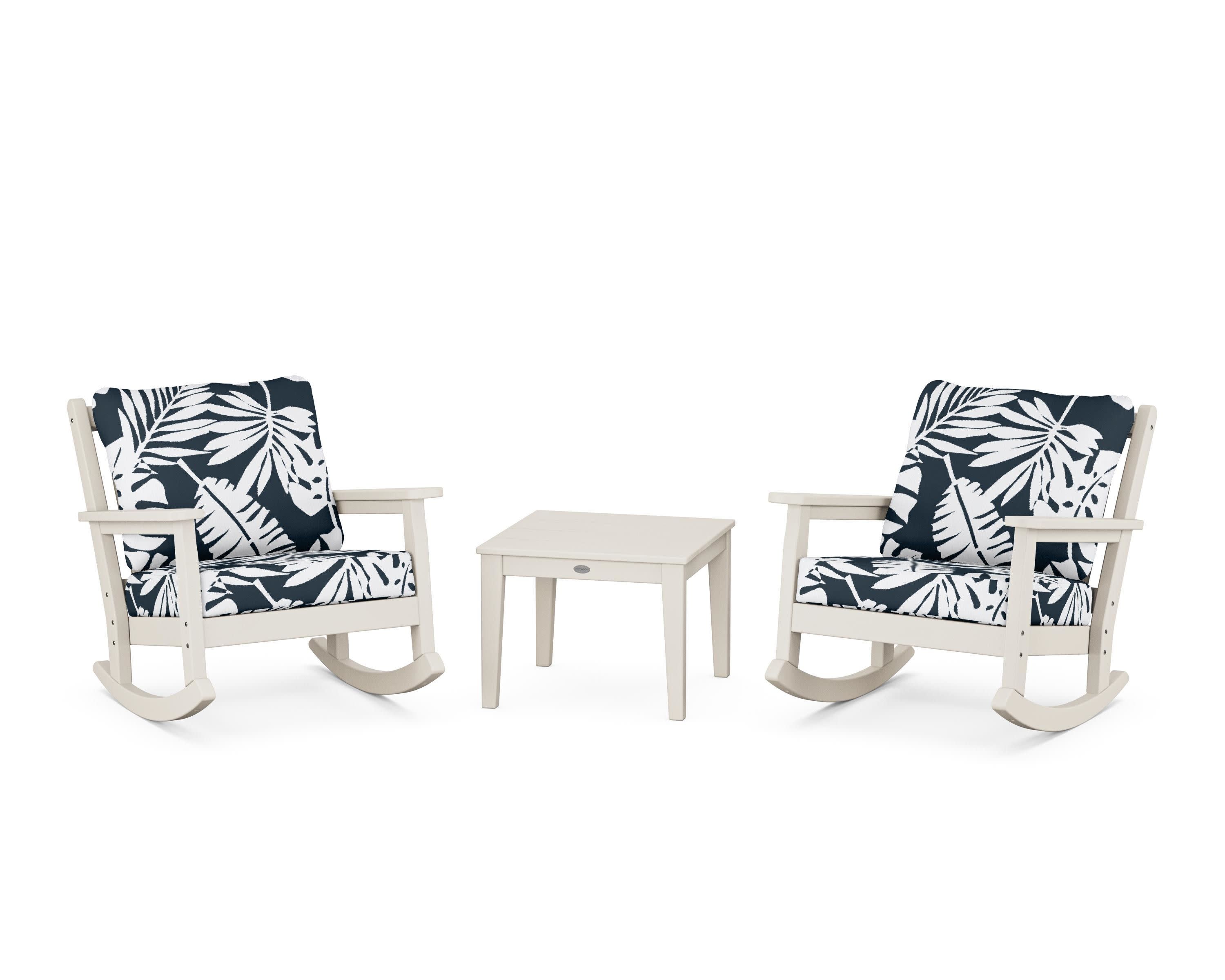 Chippendale 3-Piece Deep Seating Rocker Set in Sand / Leaf Marine Indigo