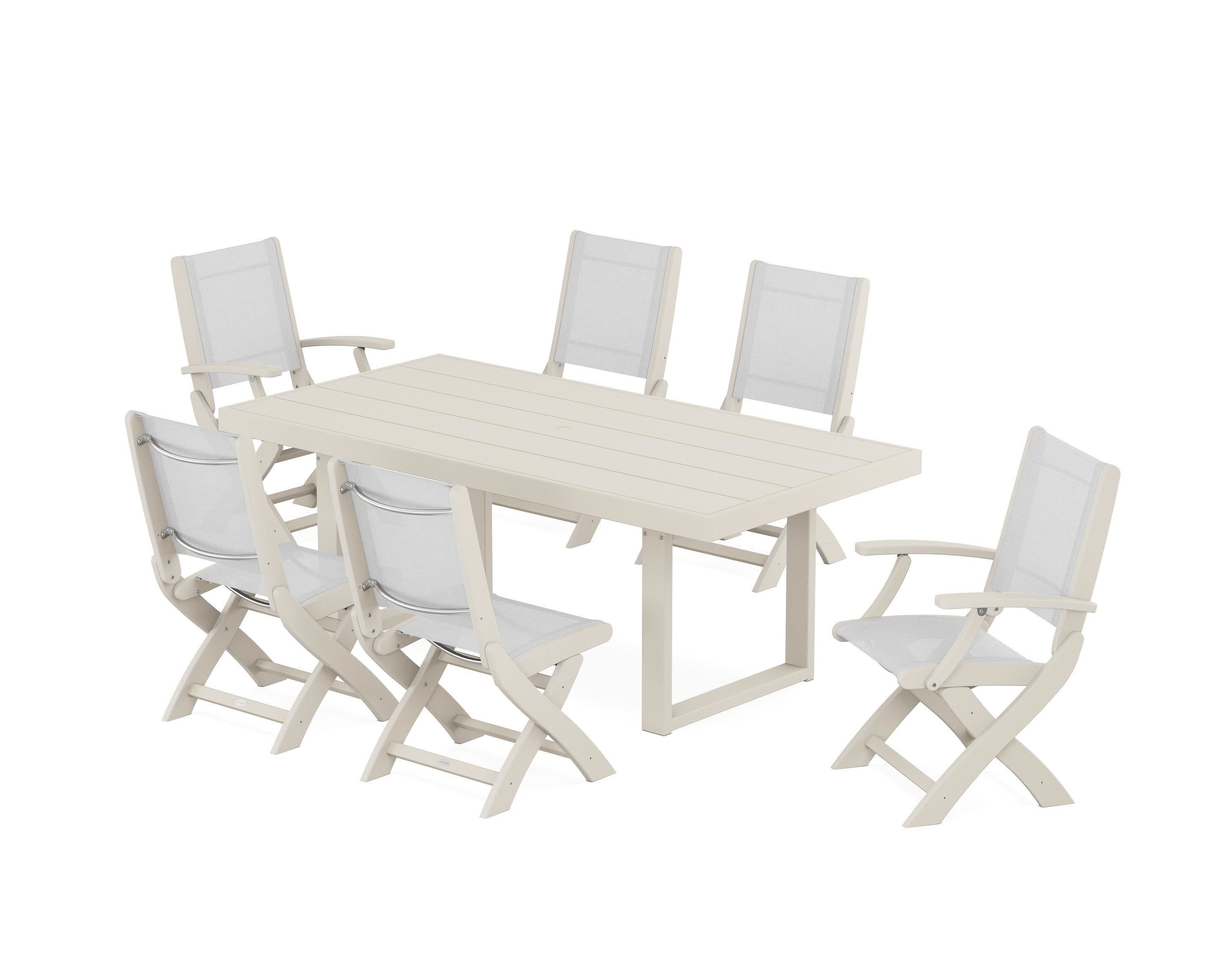 Coastal Folding Chair 7-Piece Dining Set with Trestle Legs in Sand / White Sling