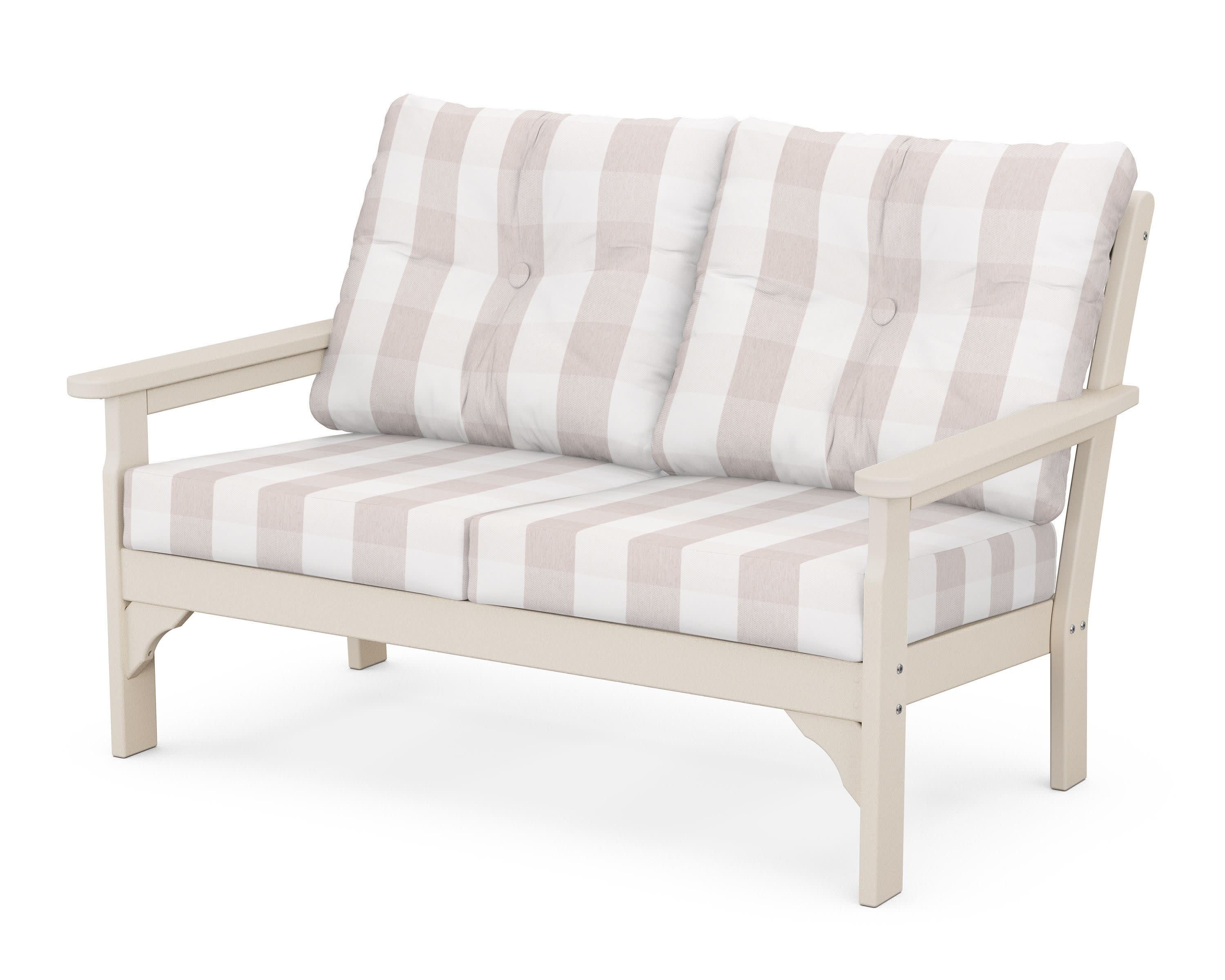 Vineyard Deep Seating Loveseat in Sand / Buffalo Plaid Dune Burlap