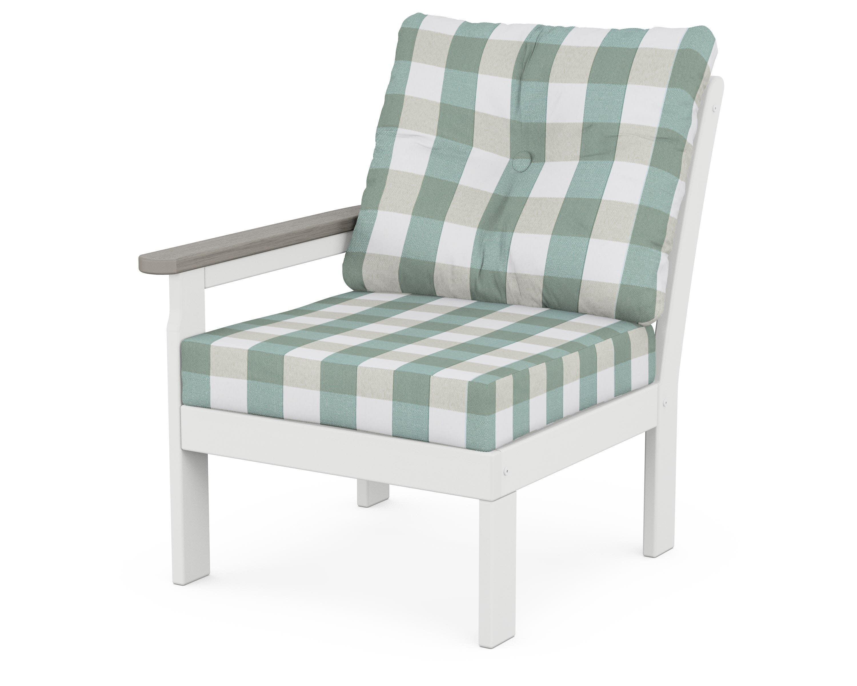 Vineyard Modular Left Arm Chair in White / Driftwood / Buffalo Plaid Glacier Spa
