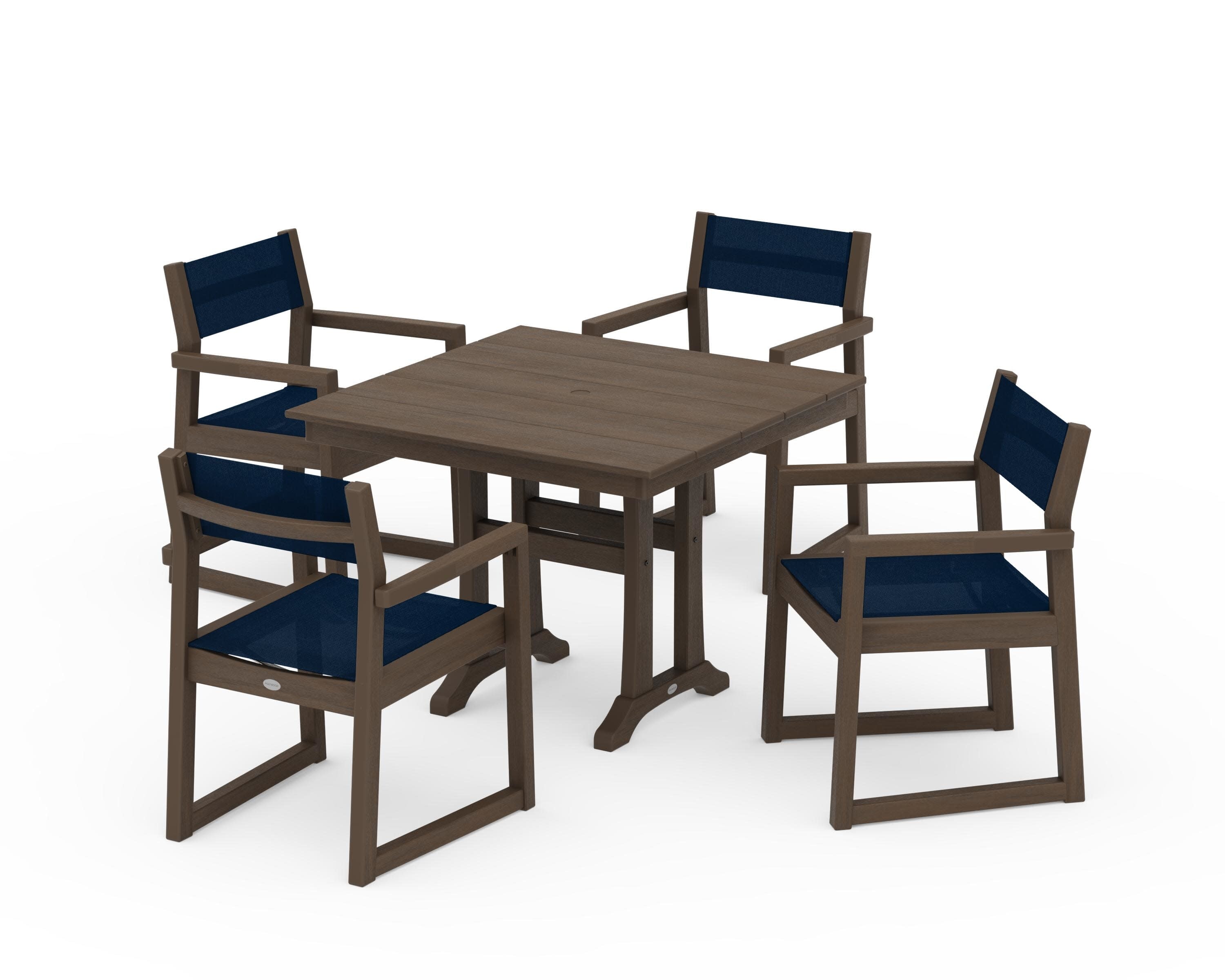 EDGE Sling 5-Piece Farmhouse Dining Set with Trestle Legs in Kona / Navy Blue Sling
