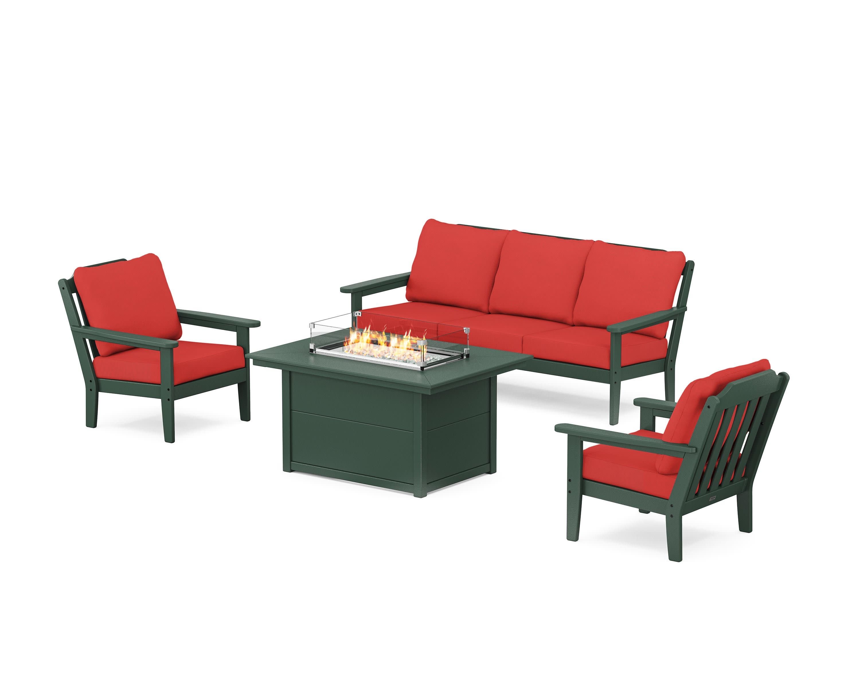 Cottage Deep Seating Fire Pit Table Set in Green / Crimson Linen
